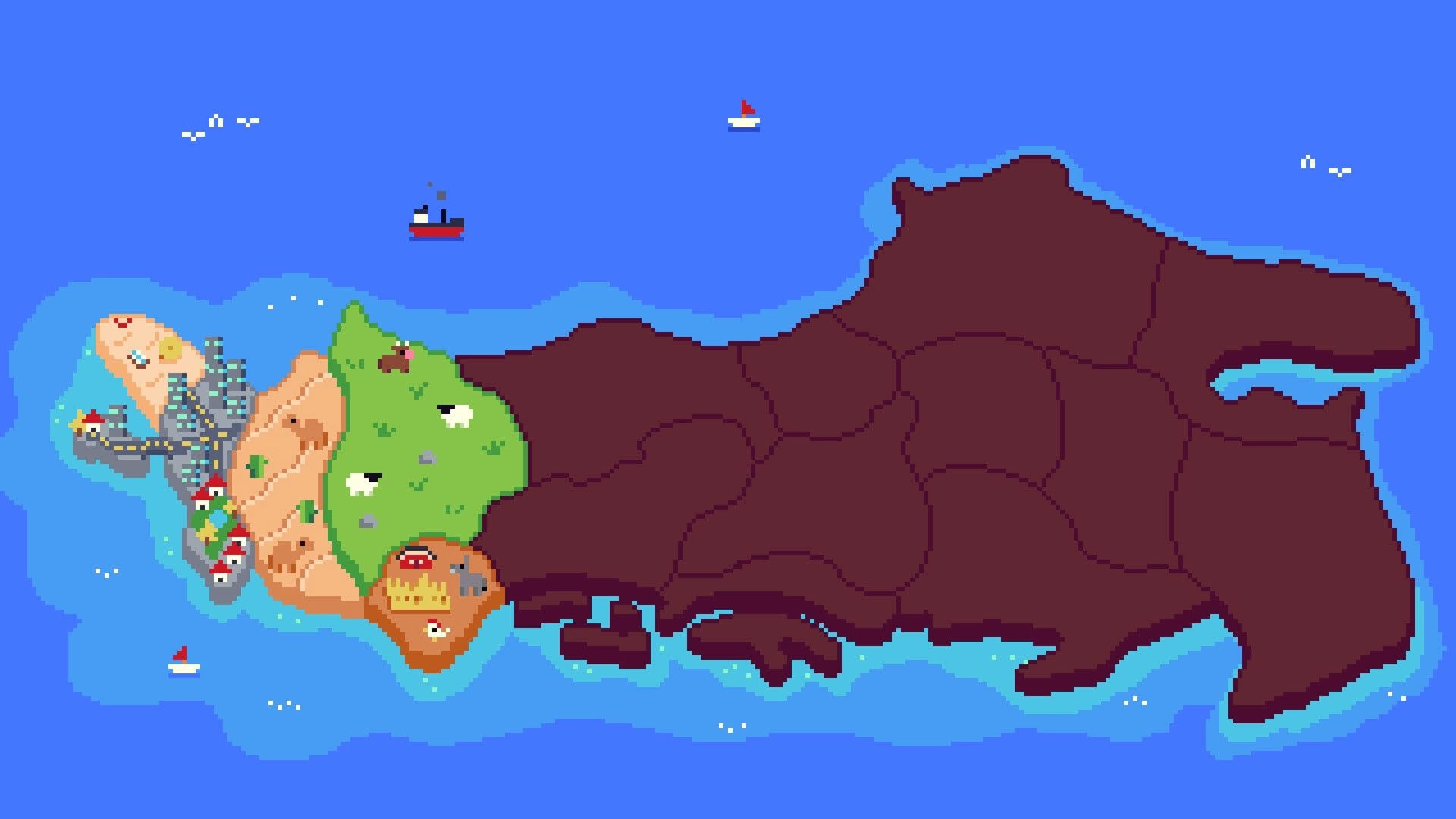 Big Dig: World map view with city, farms, and dig sites on a coastal island beside a dark region.