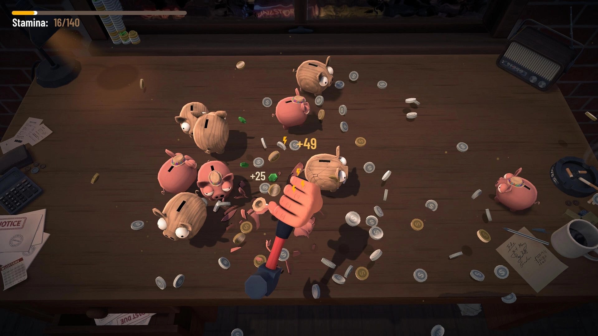 Bills Must Be Paid: Smashing piggy banks with a hammer as coins fly across a cluttered desk UI.