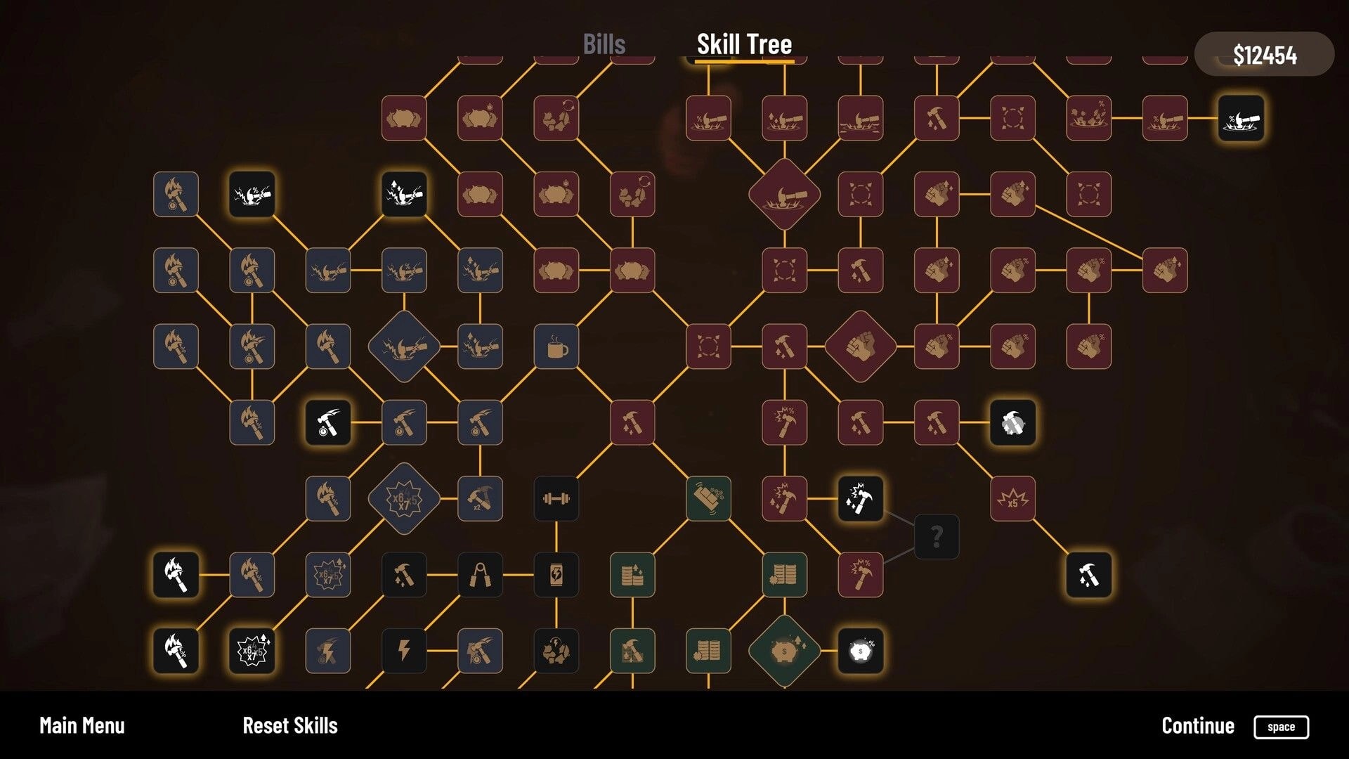 Bills Must Be Paid: Skill tree screen with connected upgrade nodes and $12454 total at top right.