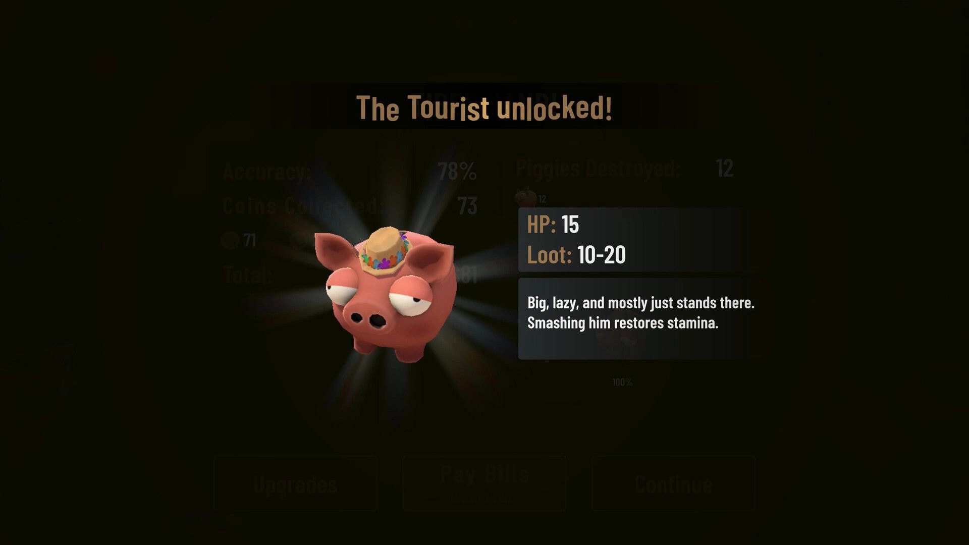 Bills Must Be Paid: Tourist piggy bank unlocked popup with HP 15 and loot 10-20 on dark results screen.