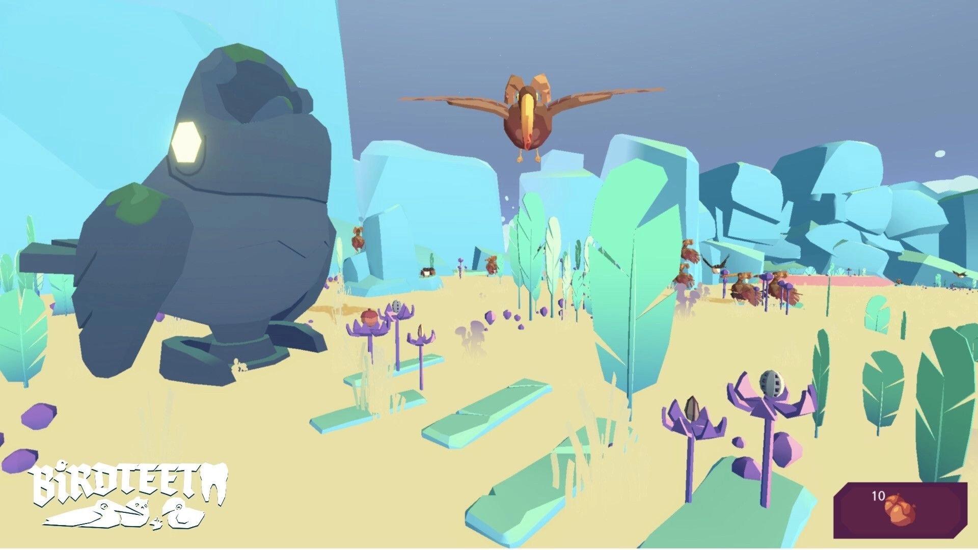 Birdteeth: Flying bird above desert with giant stone bird statue, purple plants, and resource counter.