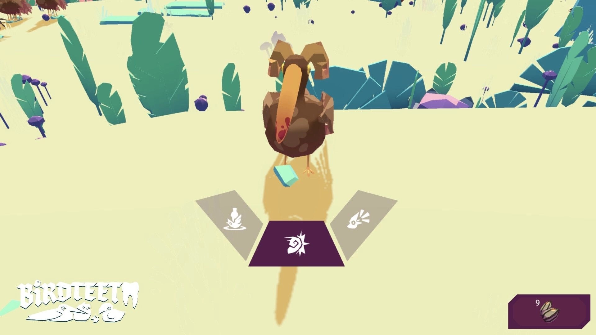 Birdteeth: Overhead view of a bird with menu options in a stylized forest environment
