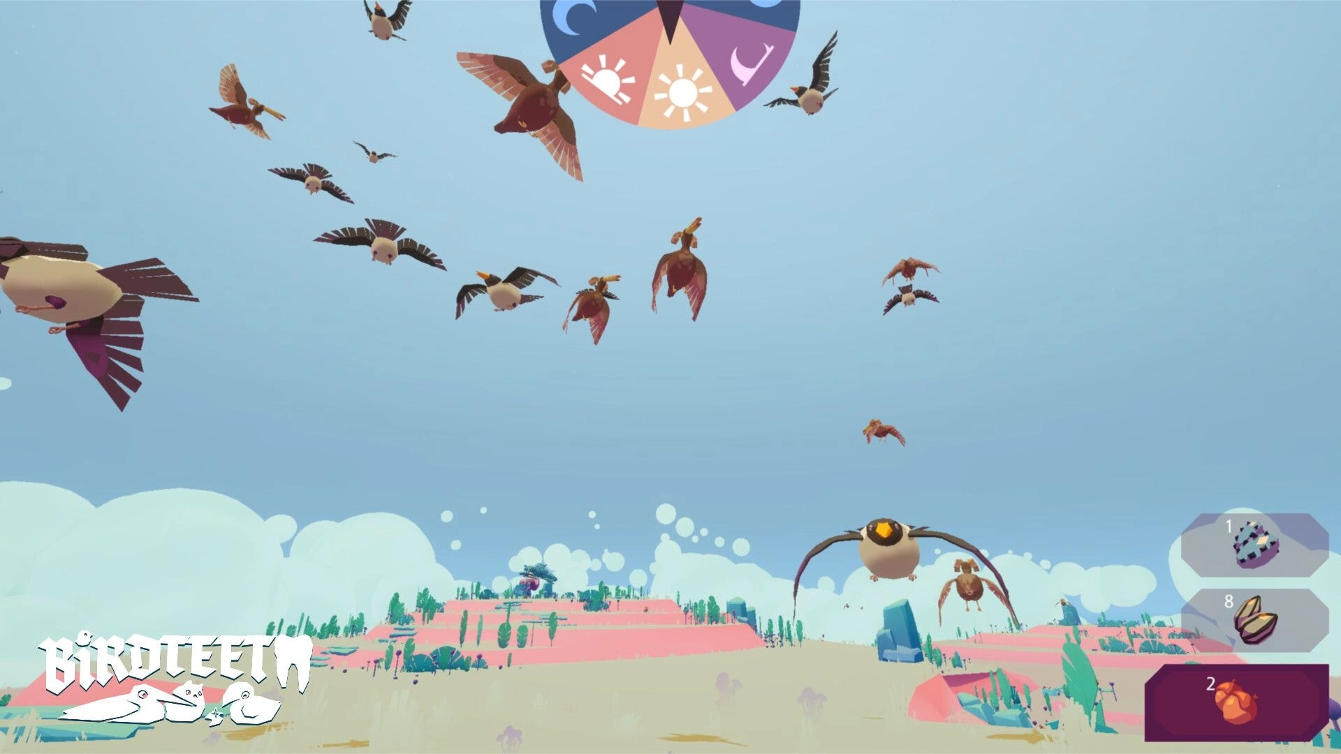 Birdteeth: Flock of birds flying in a pastel landscape with inventory menu showing three items