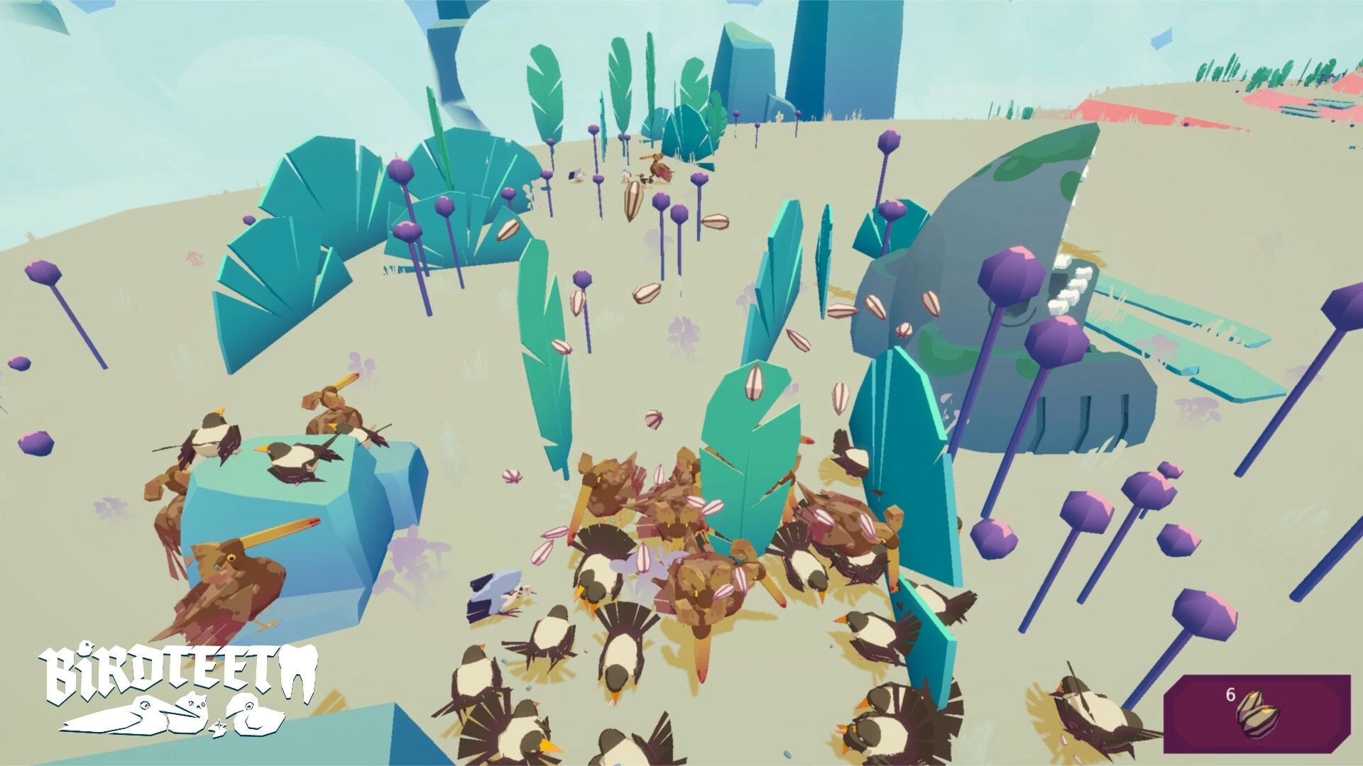 Birdteeth: Flock of birds gather near teal plants with purple flowers in a stylized grassy environment