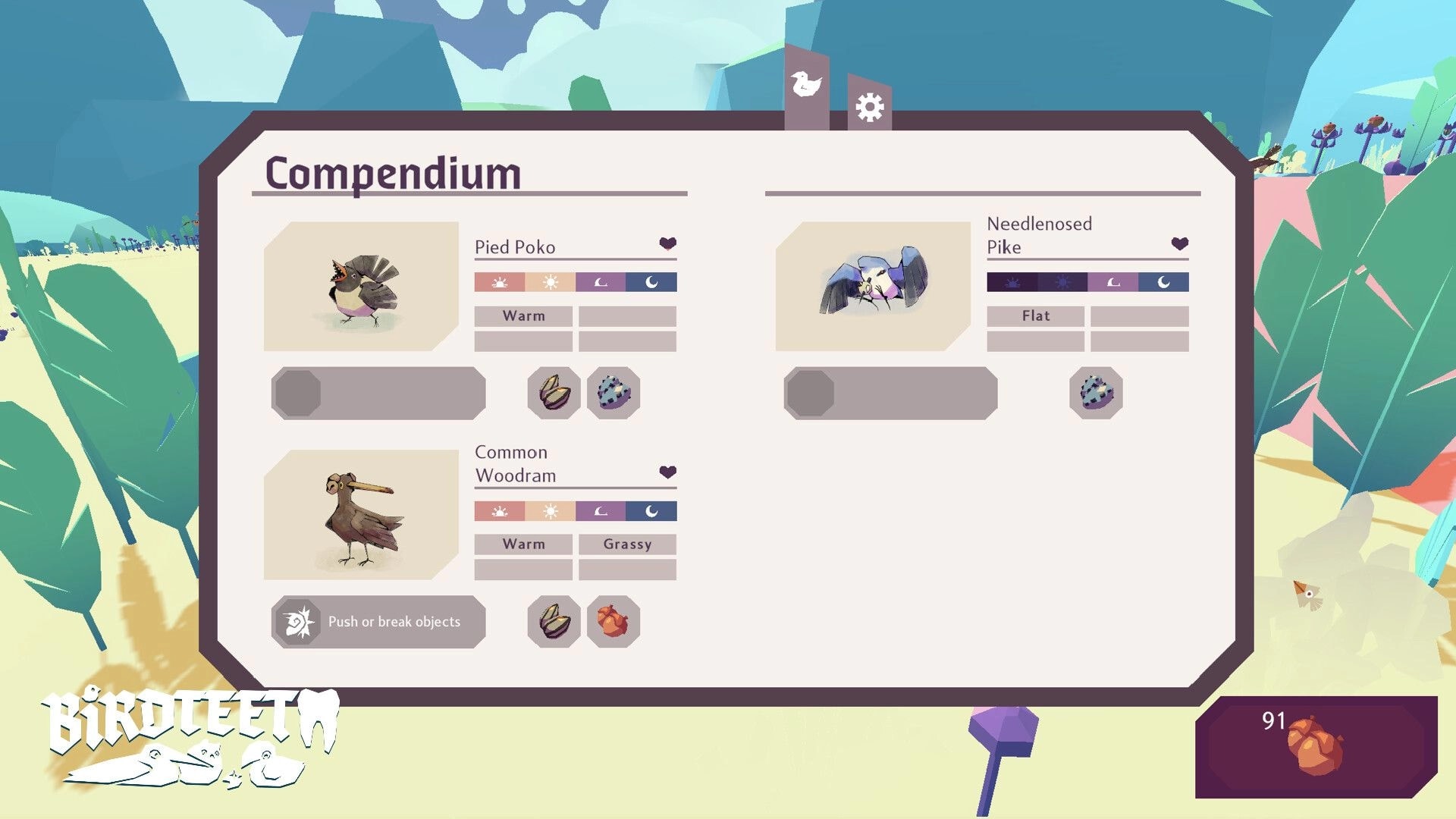 Birdteeth: Compendium screen displaying Pied Poko and Needlenosed Pike with habitat and traits in forest.