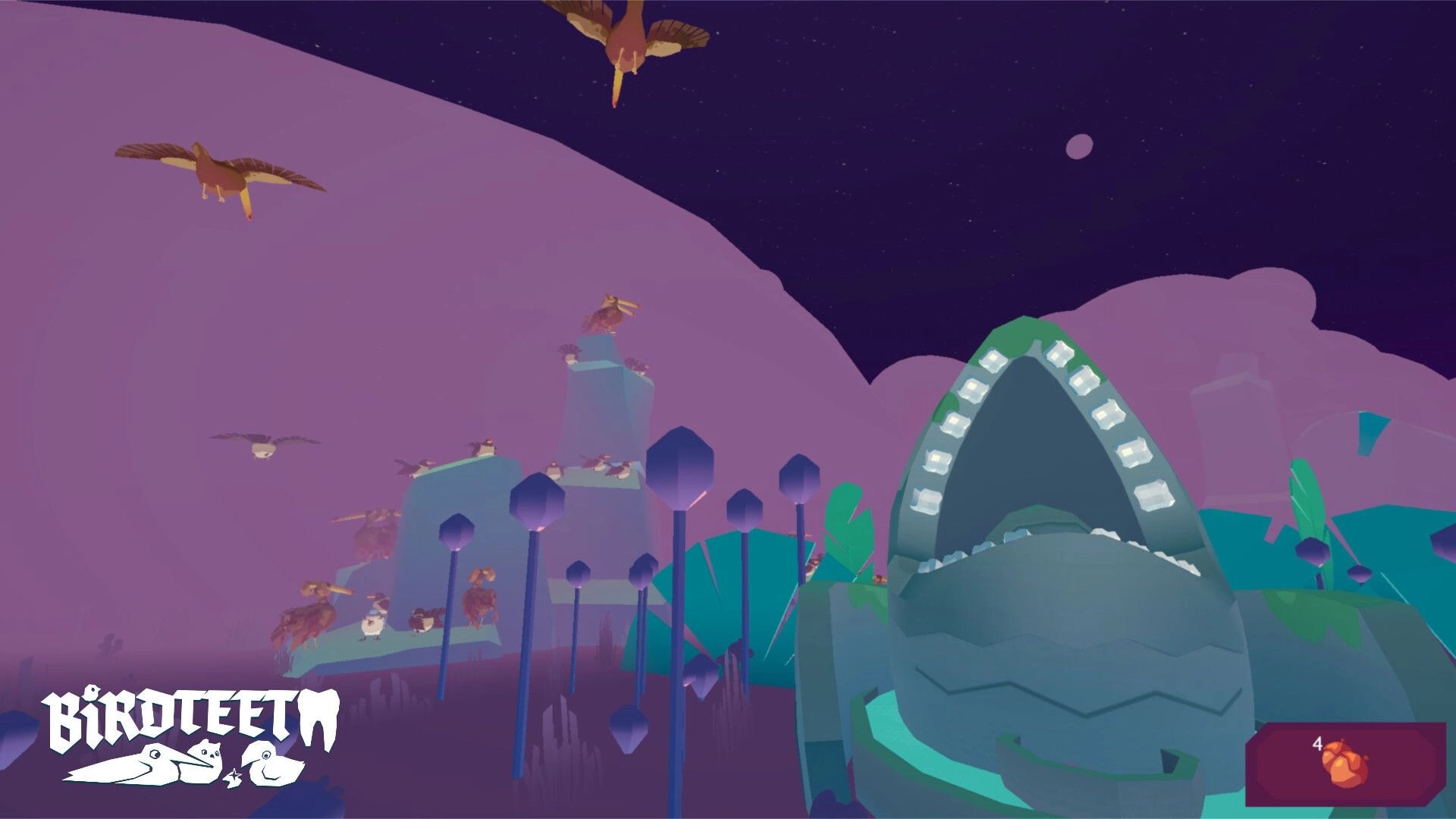 Birdteeth: Colorful birds gather under abstract trees in a vibrant landscape with four seeds in HUD