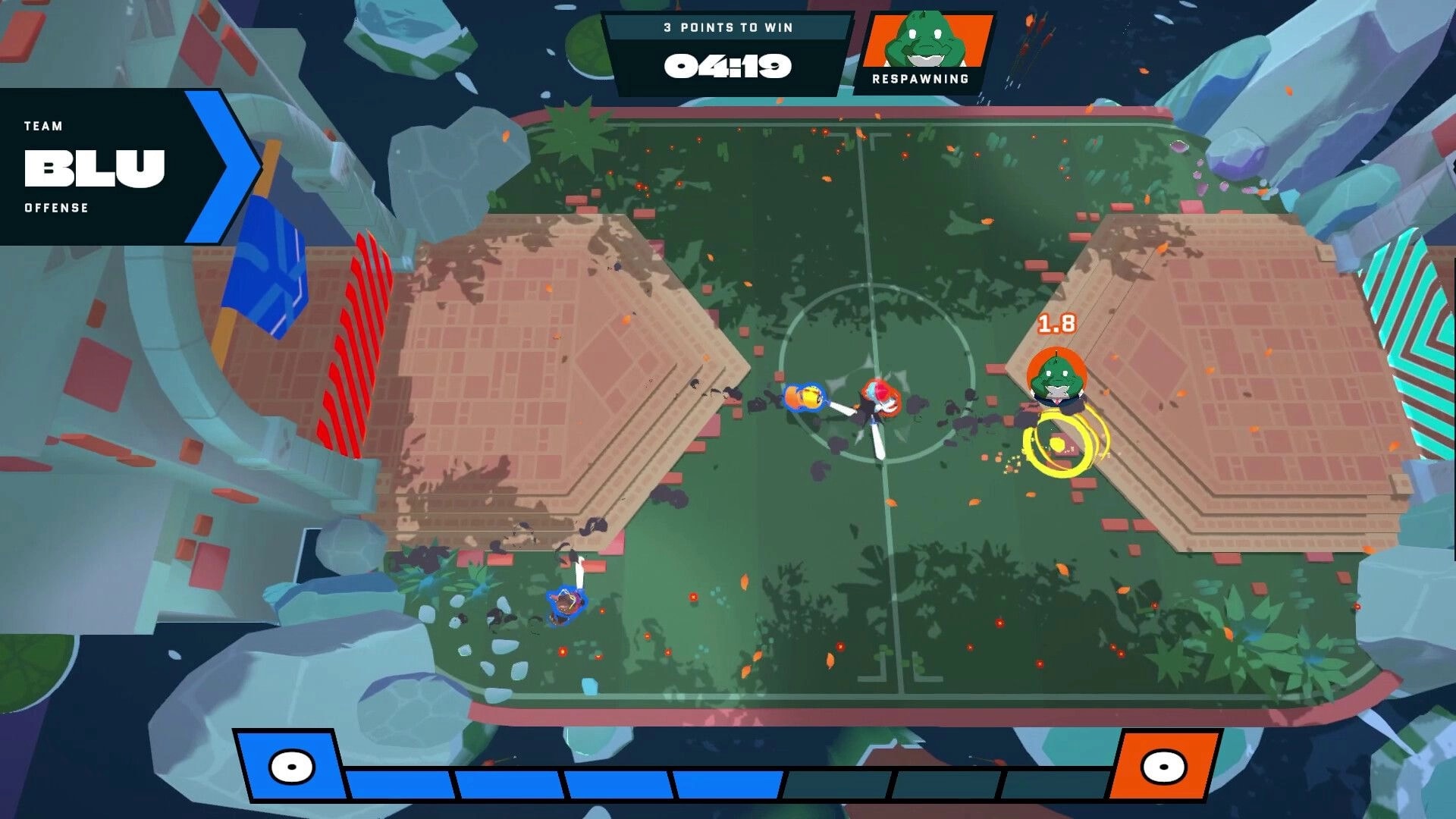 Blade Blitz: Three characters clash on a grassy arena with score and timer at the top center of screen