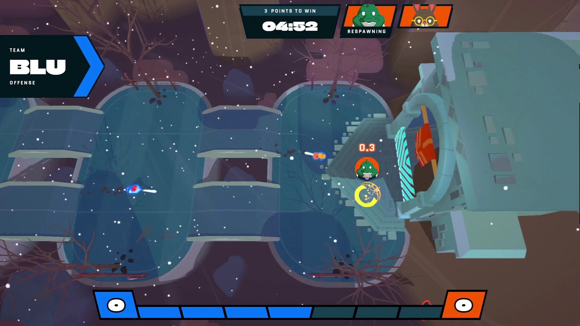 Blade Blitz: Team Blu advancing through snowy arena with respawn timer and score displayed