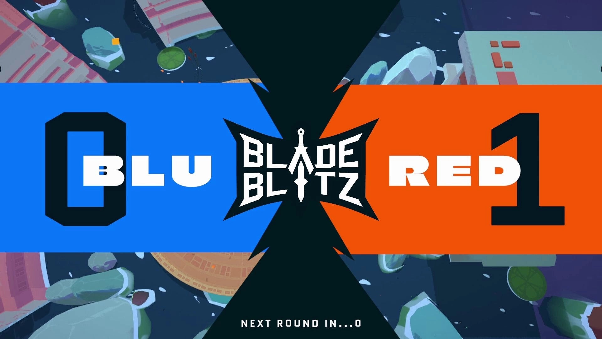 Blade Blitz: Blue vs Red score screen with floating rocks and countdown for next round in space setting