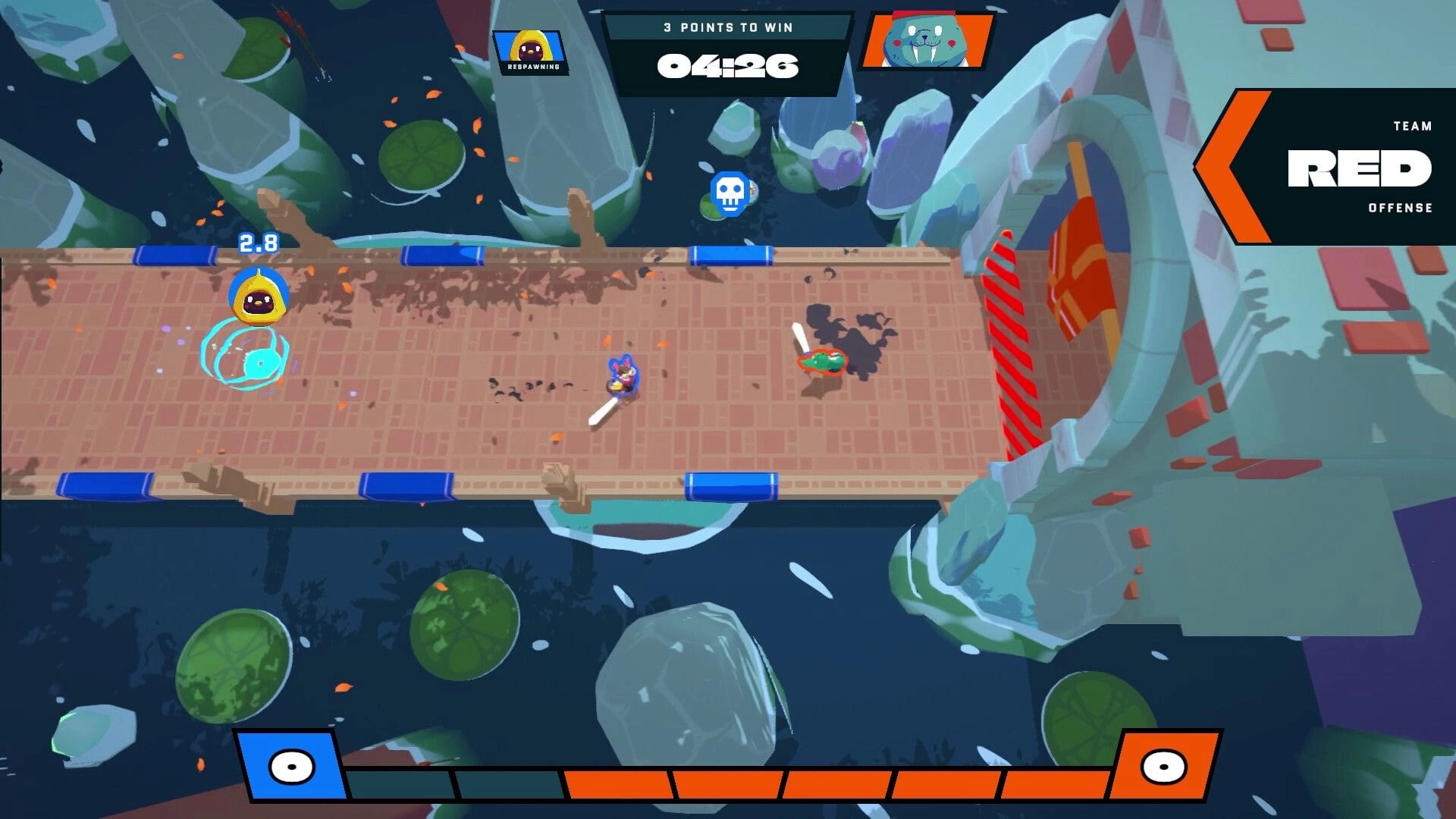 Blade Blitz: Two characters duel on bridge with timer and team scores displayed above in colorful arena