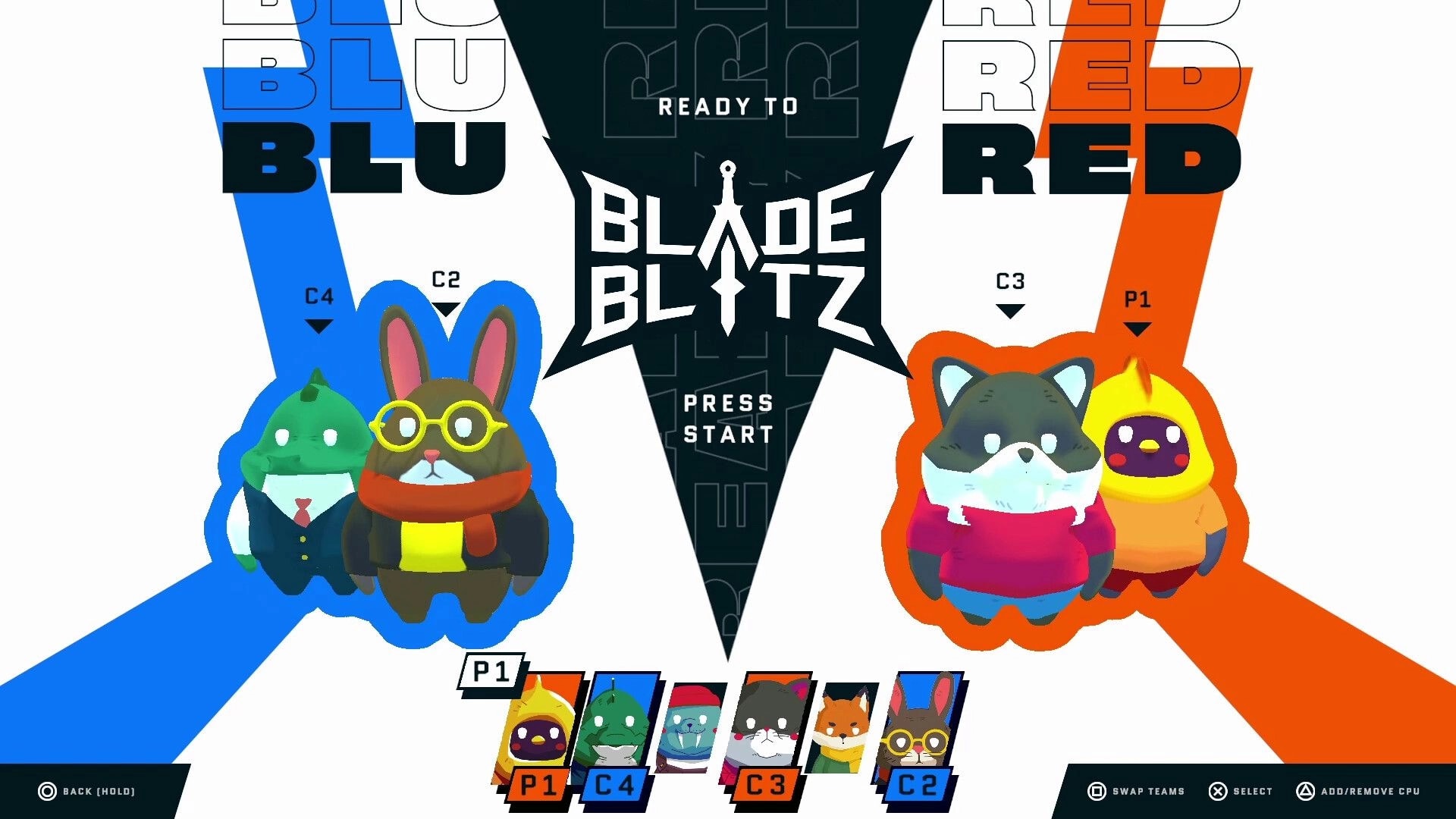 Blade Blitz: Character selection screen featuring colorful animal avatars on blue and red teams