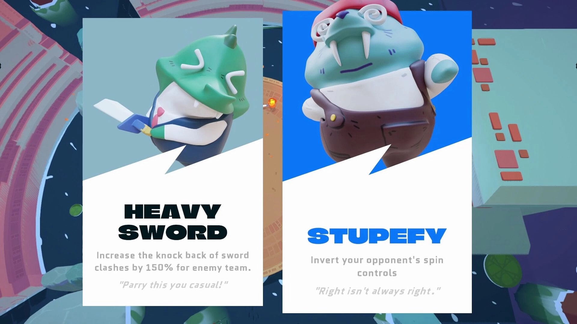 Blade Blitz: Two character power-ups, Heavy Sword and Stupefy, displayed with descriptions in arena.