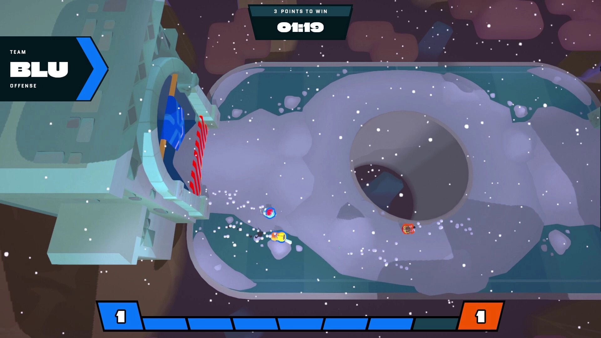 Blade Blitz: Team Blu advancing on snowy arena with timer and score displayed