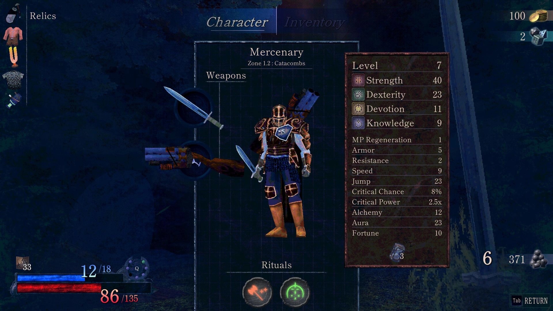 Blast Judgment: Character menu with mercenary stats and equipped sword, gun, and rituals in catacombs.