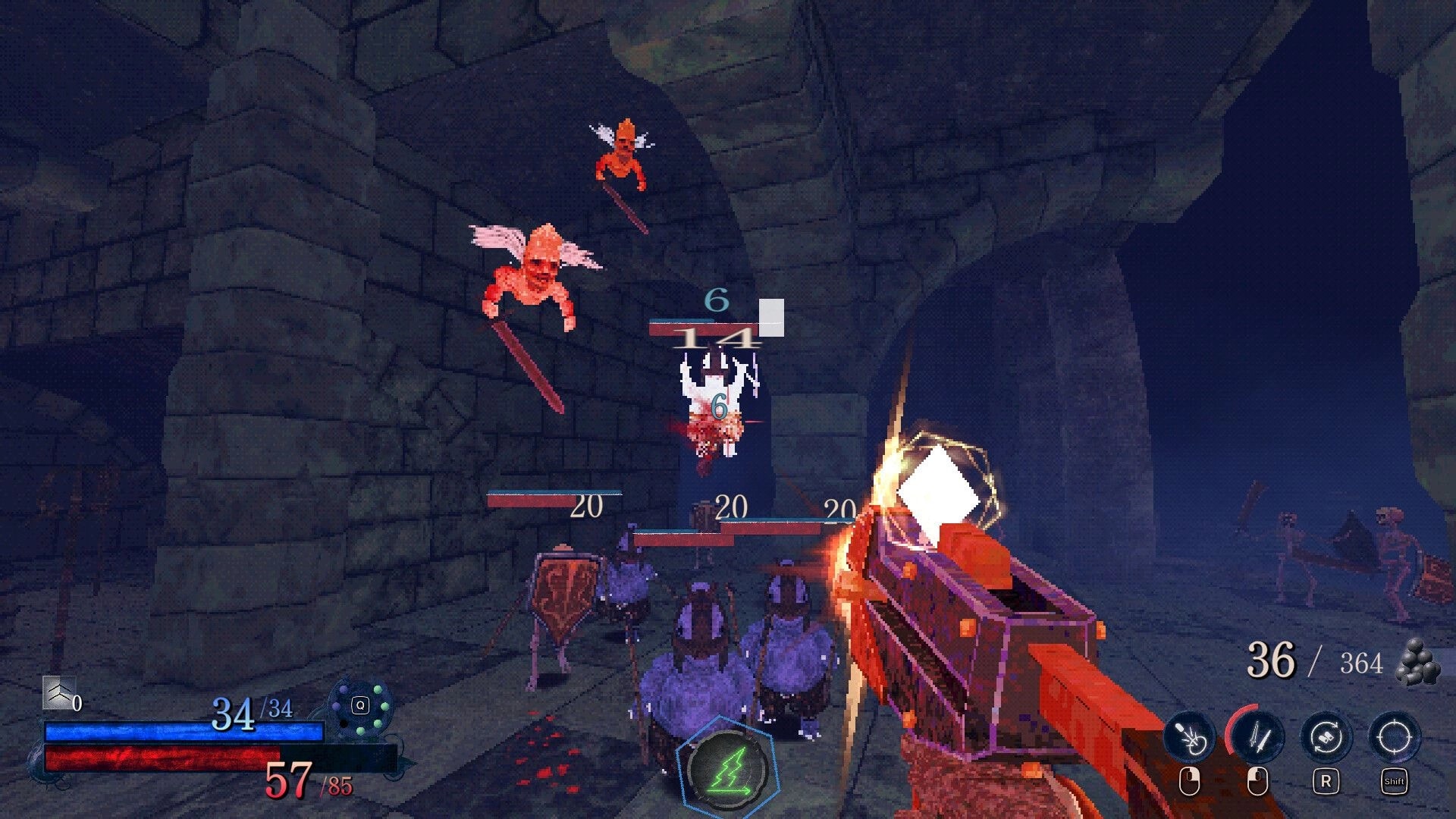 Blast Judgment: Firing shotgun at winged demons and skeletons in stone tunnel with health and ammo HUD.
