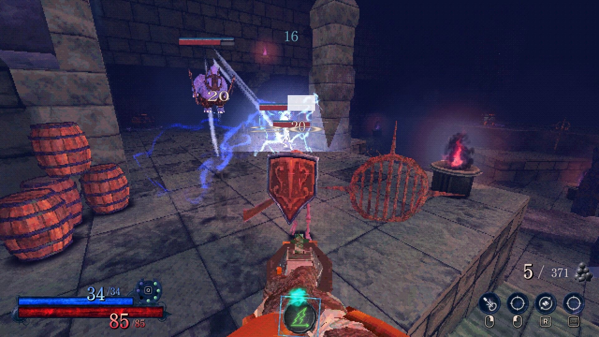 Blast Judgment: First-person combat zapping armored enemies in a stone dungeon room with HUD and ammo count.