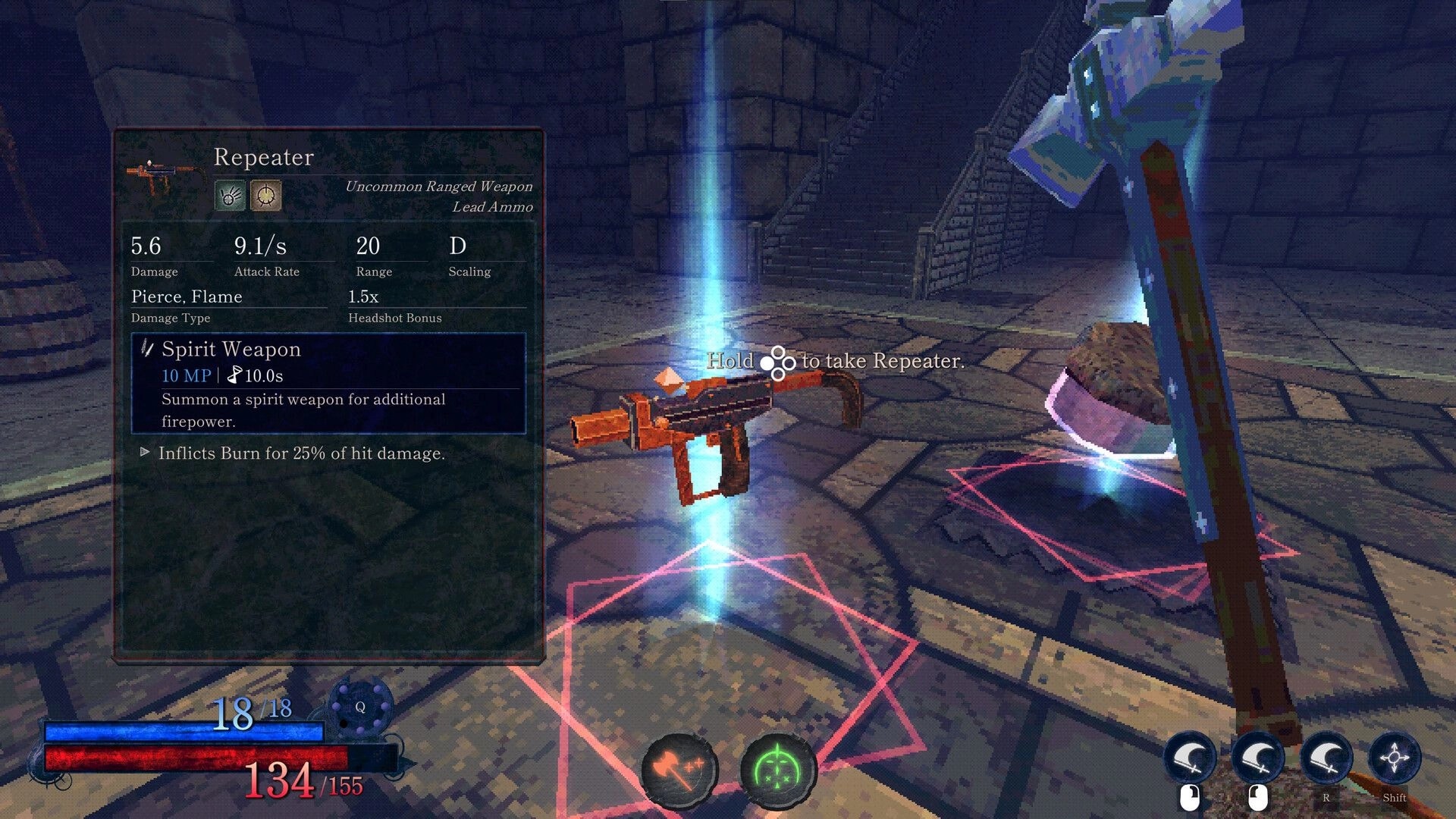 Blast Judgment: Loot prompt to take Repeater gun with stats panel open in a stone dungeon room.