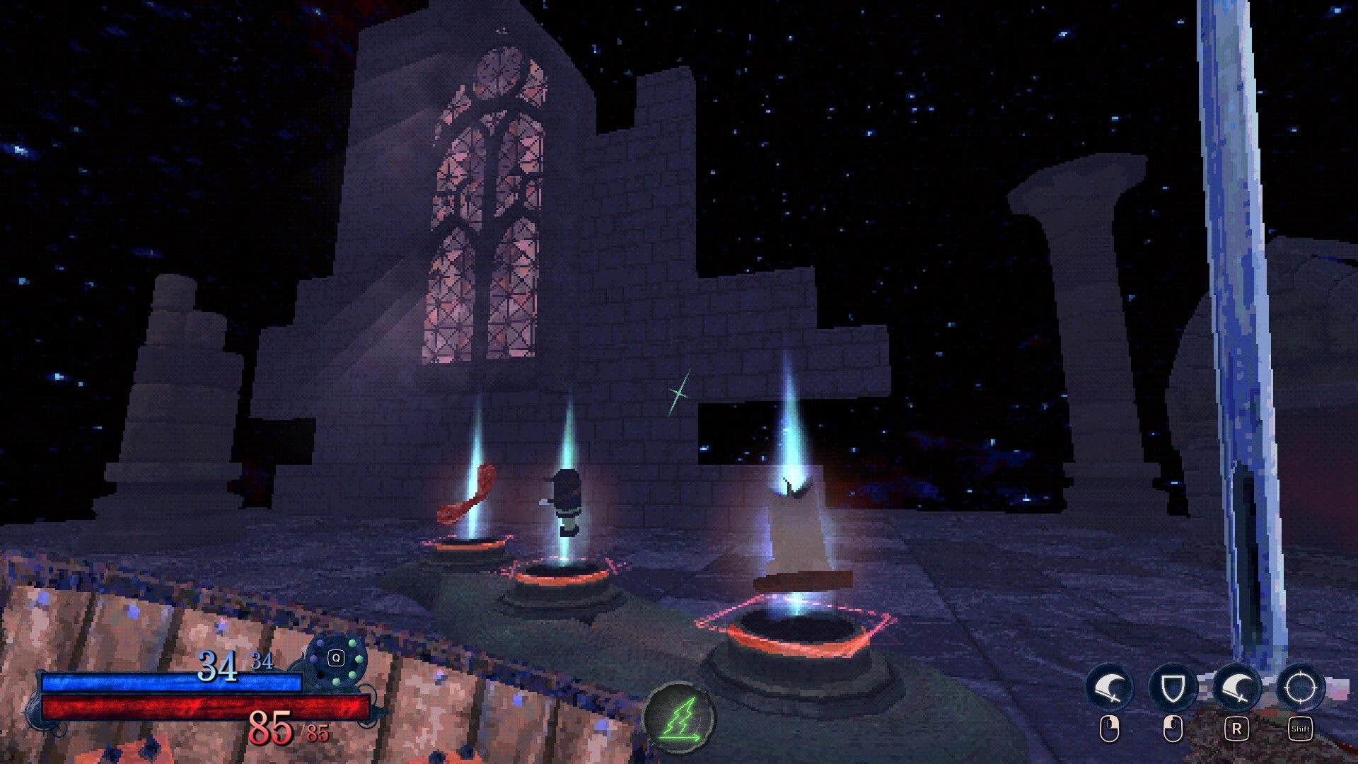 Blast Judgment: Player stands by glowing altars in ruined cathedral courtyard under starry sky UI visible.
