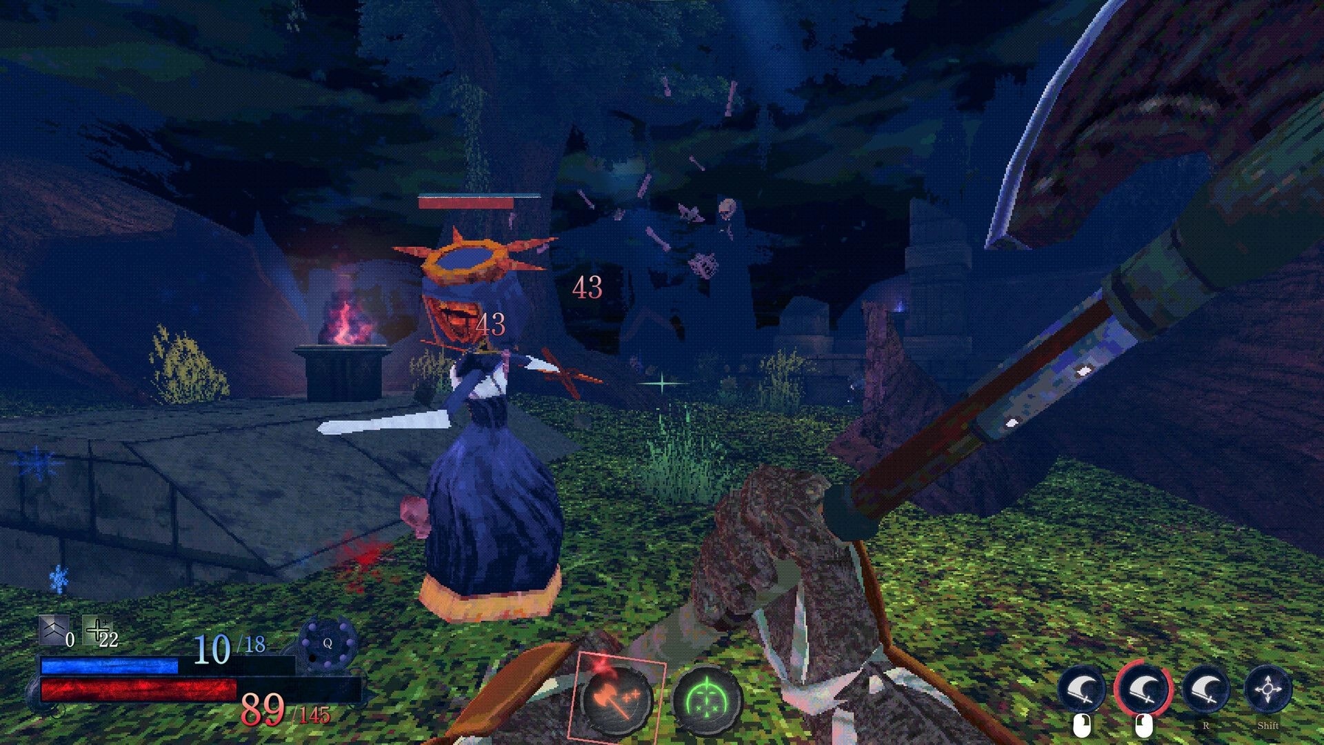 Blast Judgment: First-person melee strike hits robed enemy for 43 in moonlit ruins courtyard HUD visible.