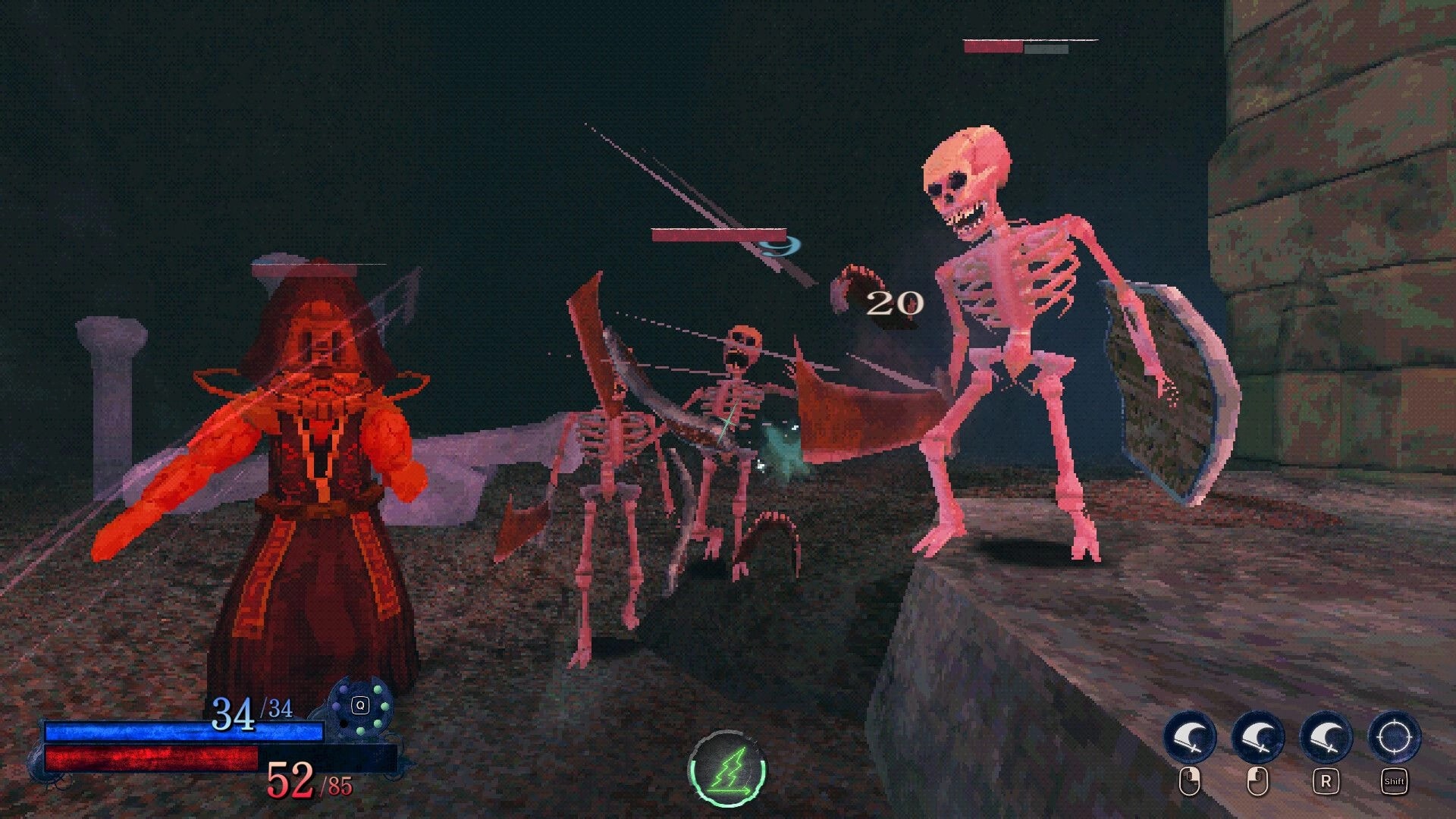 Blast Judgment: Hooded mage fights shielded skeletons in dark dungeon, health and spell UI visible.