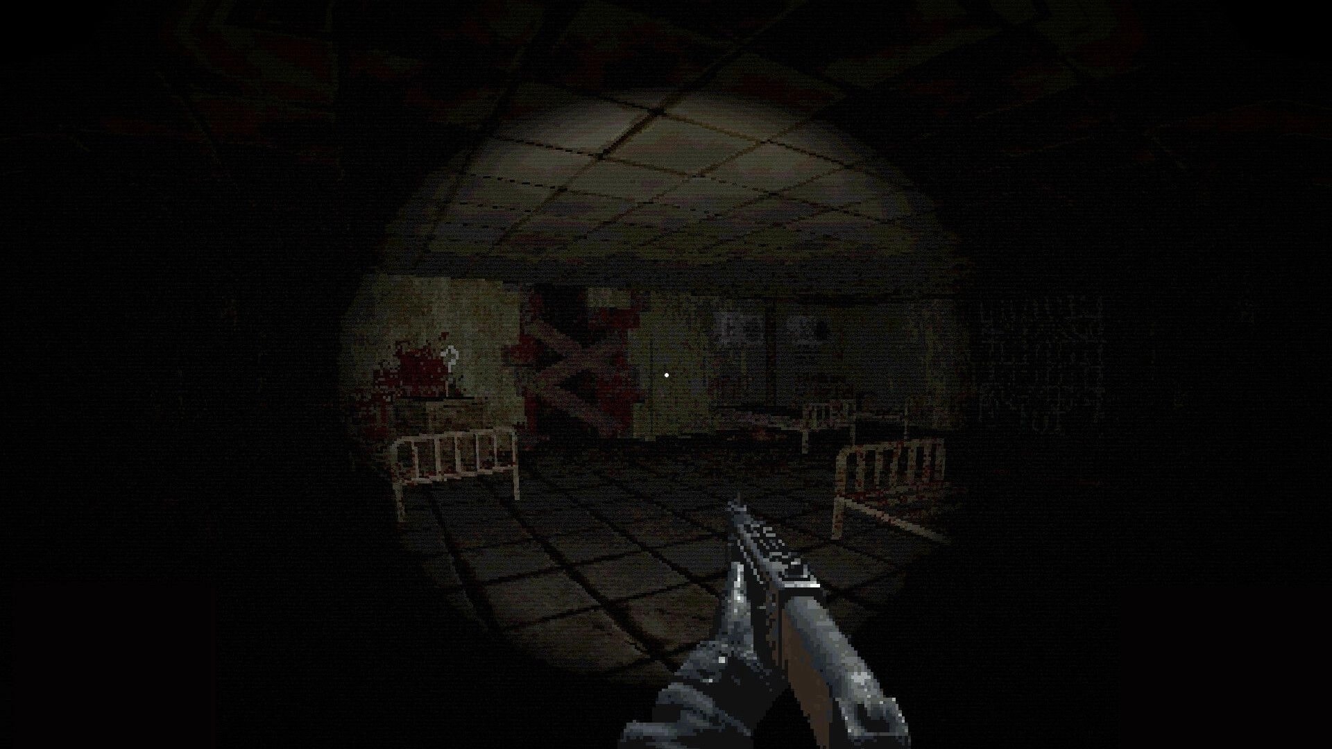 BLIGHTEN: First-person shotgun aimed down a dim ward with beds and blood-smeared walls in view.
