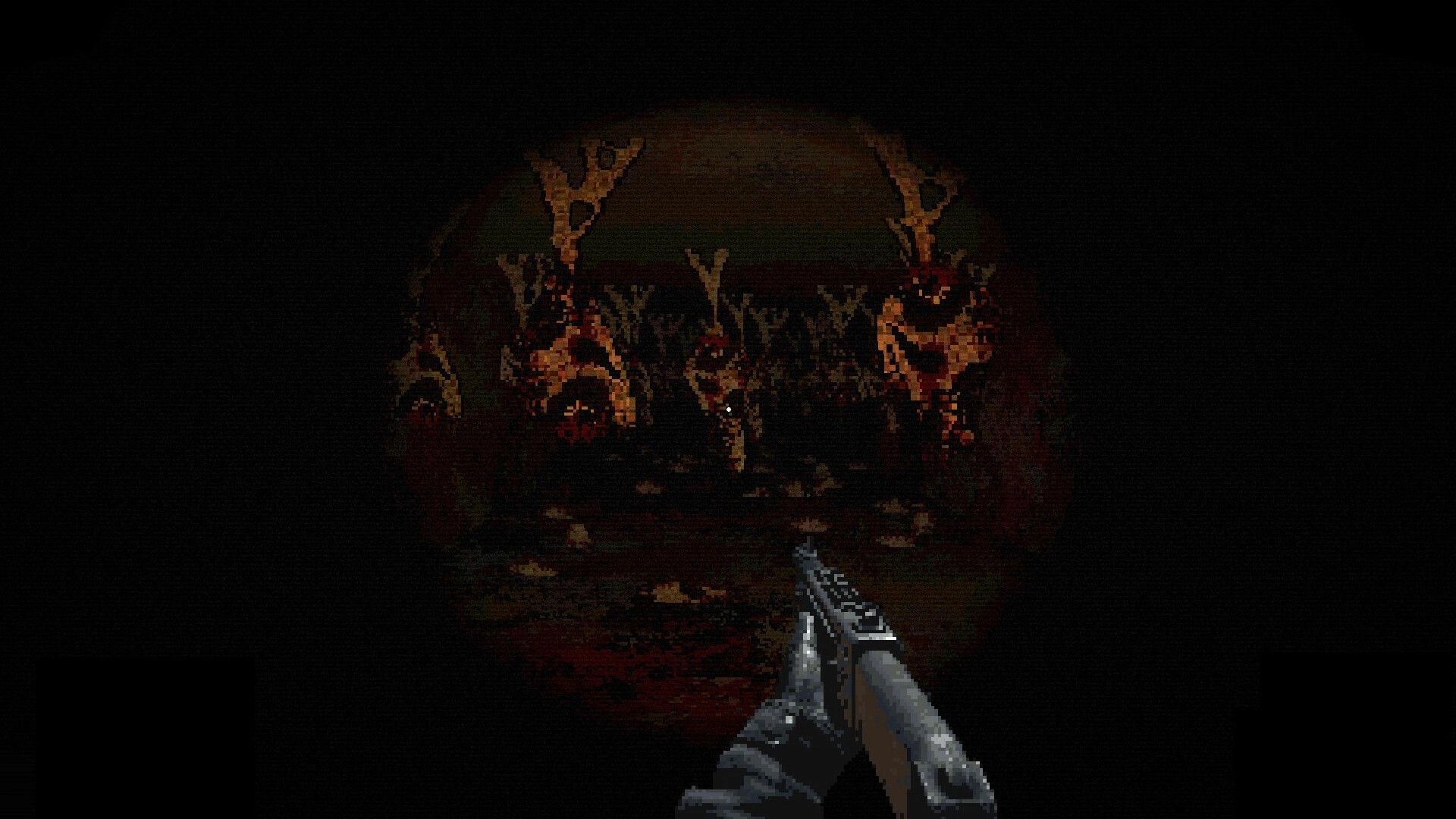 BLIGHTEN: First-person shotgun aimed at hanging bodies in a dark tunnel, crosshair centered ahead.