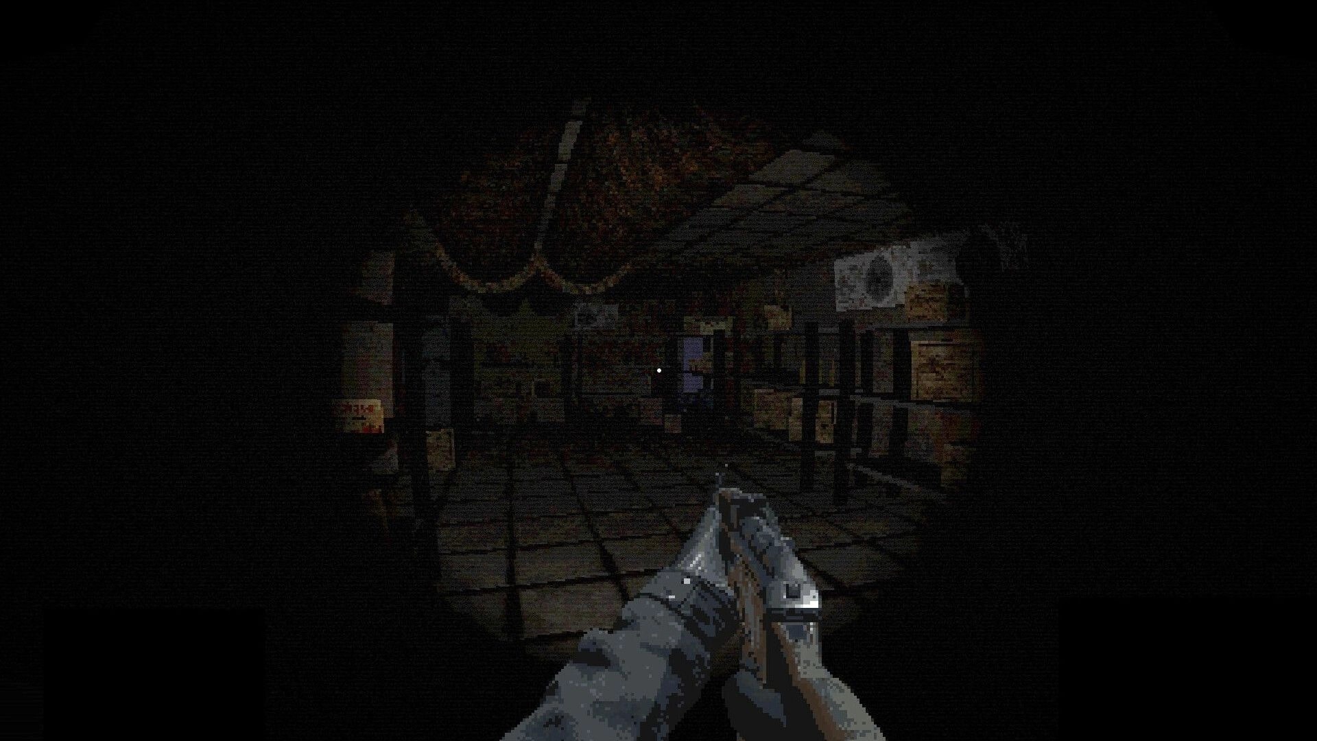 BLIGHTEN: First-person shotgun aim down a dim corridor with pipes and metal grates overhead.
