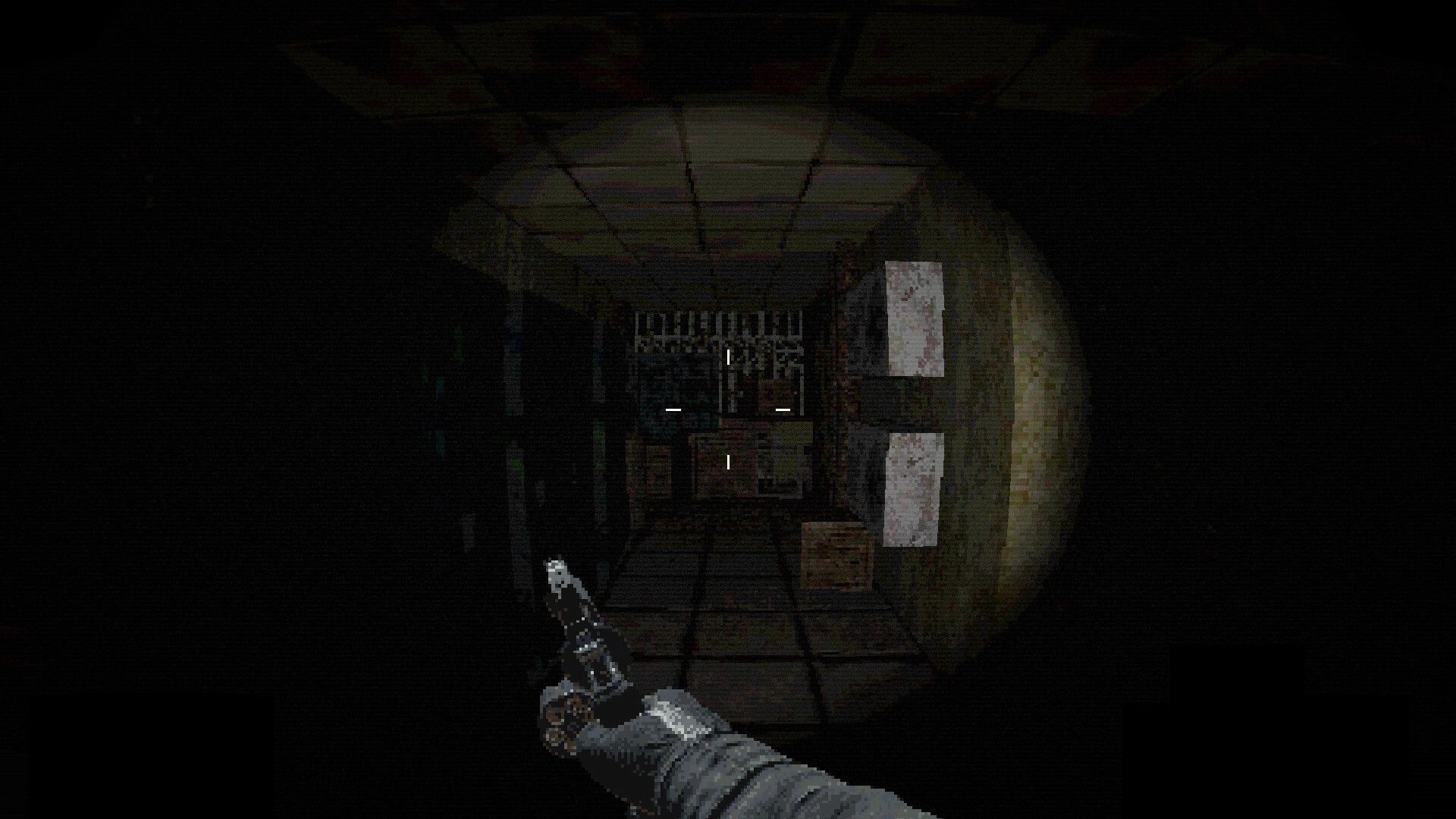 BLIGHTEN: First-person revolver aimed down a dark corridor toward barred gate in facility hallway.