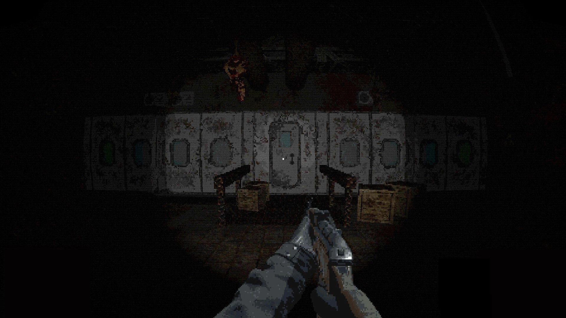 BLIGHTEN: First-person shotgun aimed at grimy lockers and crates in a dim industrial room.