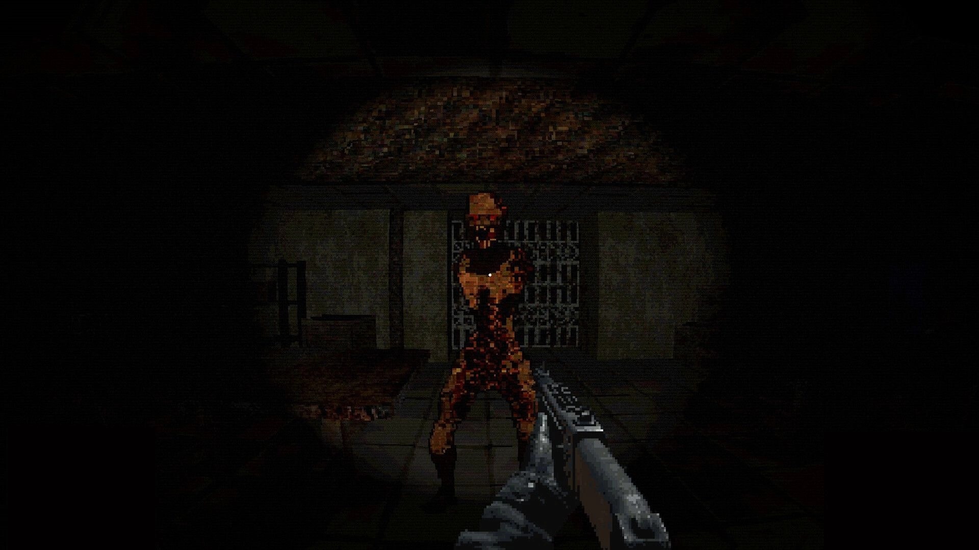 BLIGHTEN: First-person shotgun aimed at a bloodied humanoid in a dim corridor with barred door.
