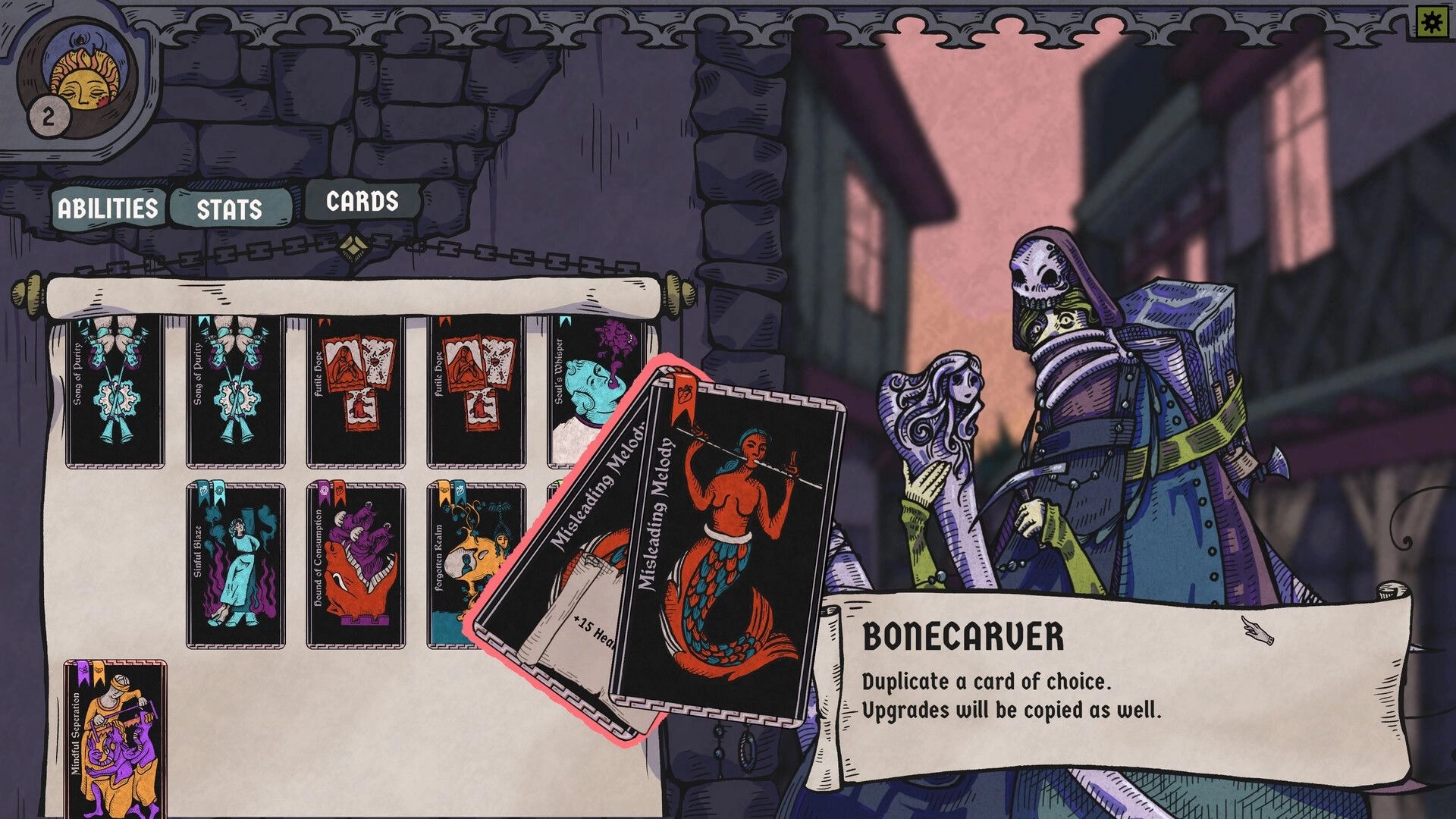 BLOODLETTER: Bonecarver character duplicating cards in a medieval village setting with UI elements.