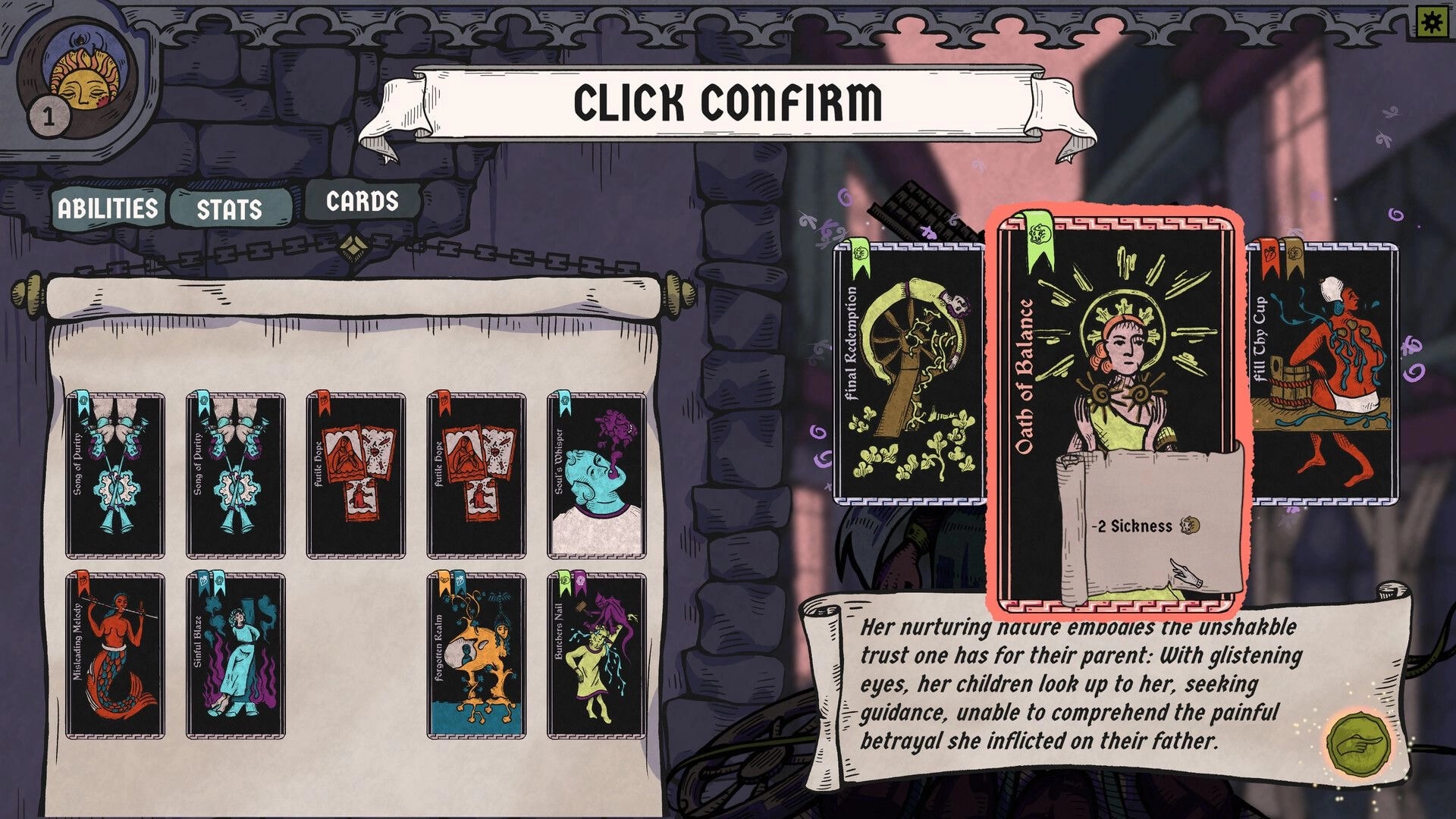 BLOODLETTER: Card selection screen with various healing cards displayed in a medieval dark fantasy setting.