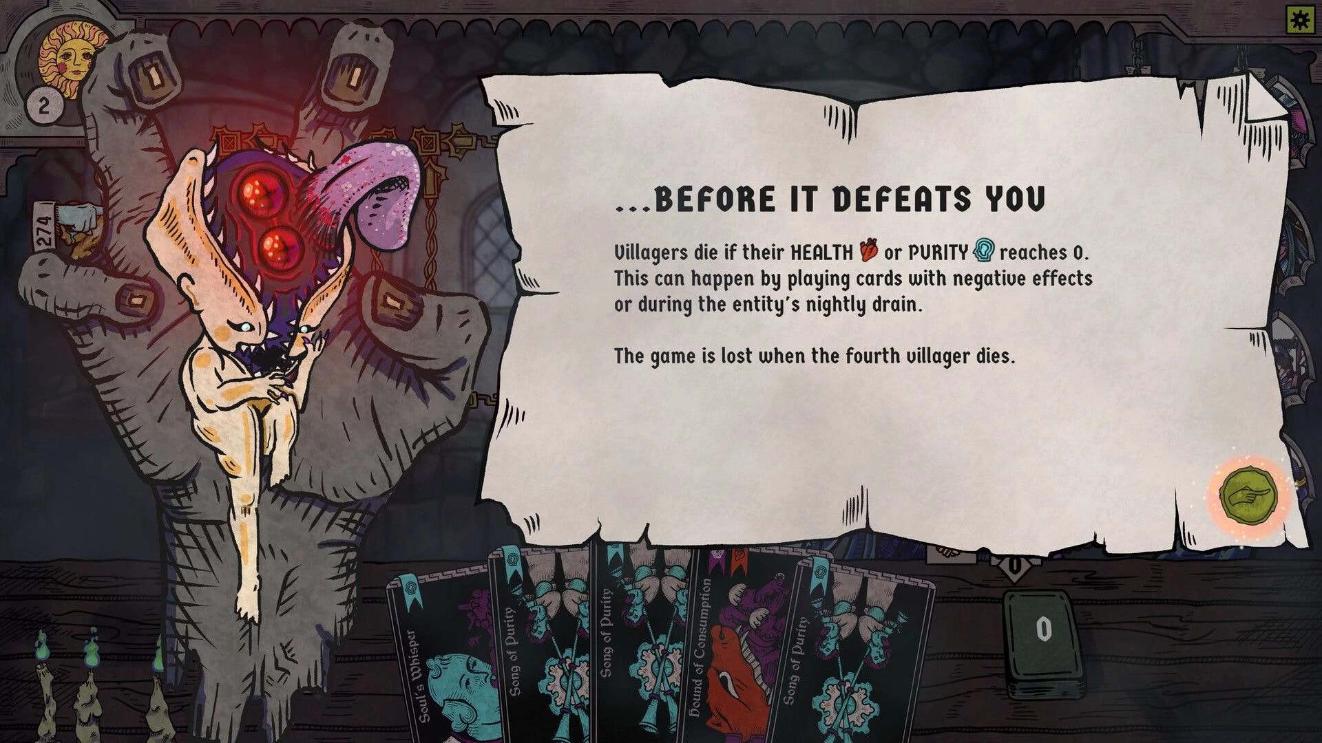 BLOODLETTER: Tutorial overlay with entity art and cards displayed on a wooden table background