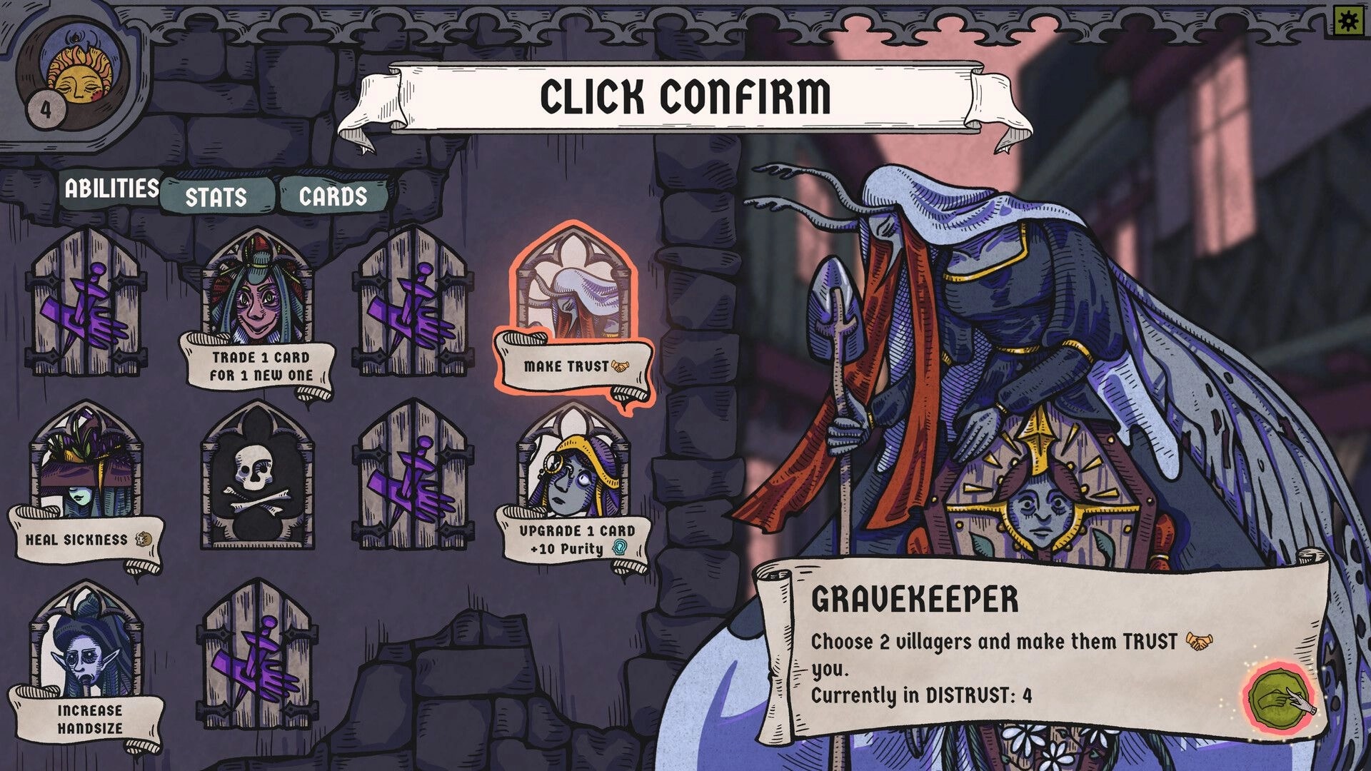 BLOODLETTER: Gravekeeper interacts with villagers in a medieval setting, choosing actions from UI options.