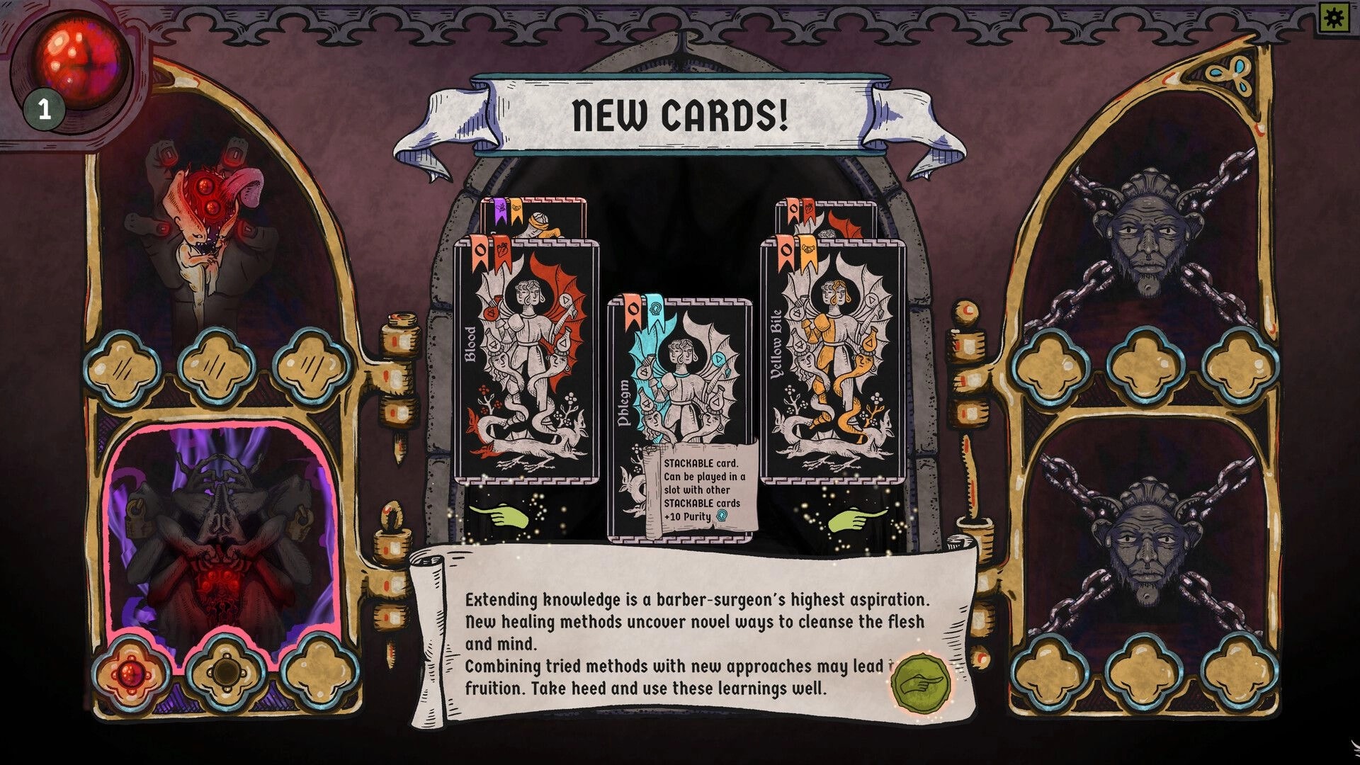 BLOODLETTER: New card selection screen with three cards displayed in a dark fantasy setting