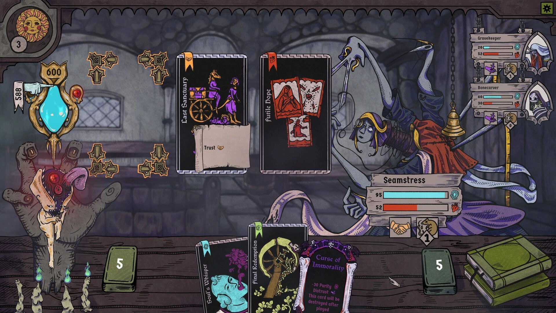 BLOODLETTER: Seamstress healing scene with cards displayed in a dark medieval chamber setting