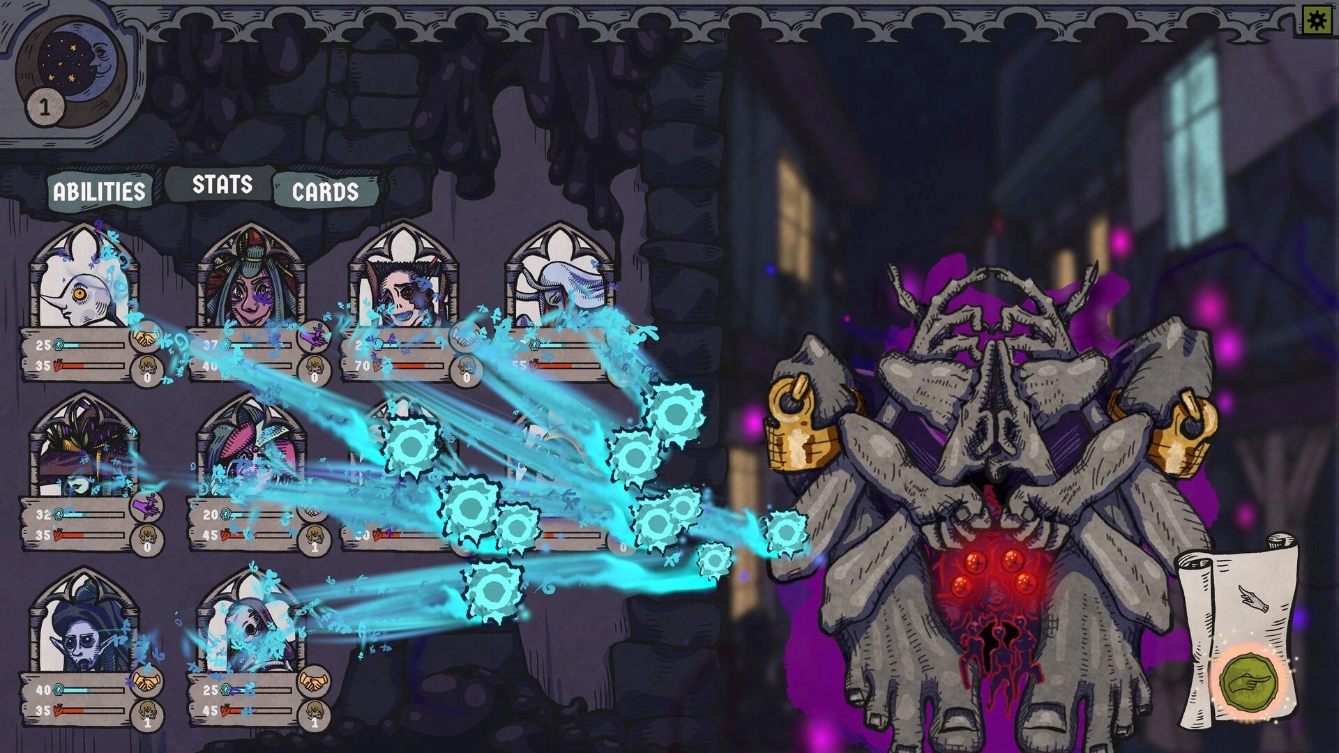 BLOODLETTER: Combat with mystical entity in village setting, displaying character stats and cards interface