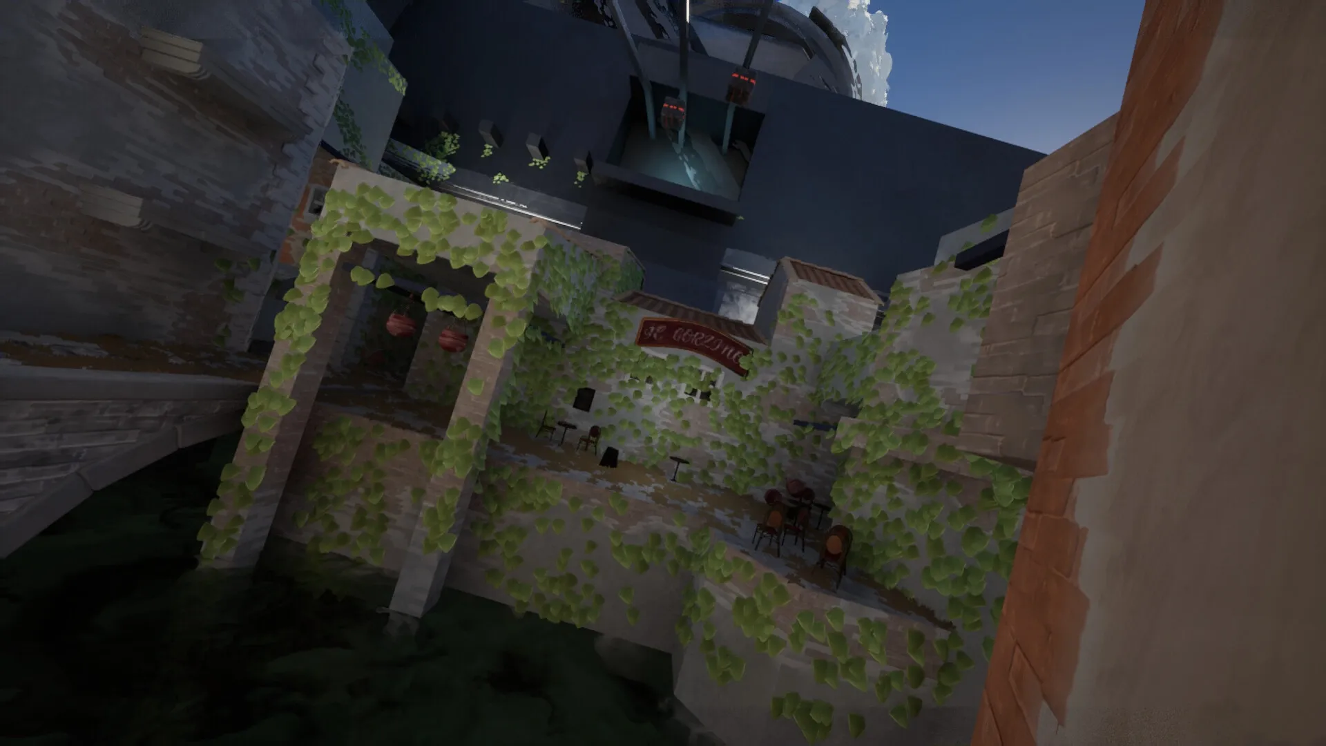 Boars in Rome: Overgrown courtyard with vines, scattered tables, and towering industrial backdrop