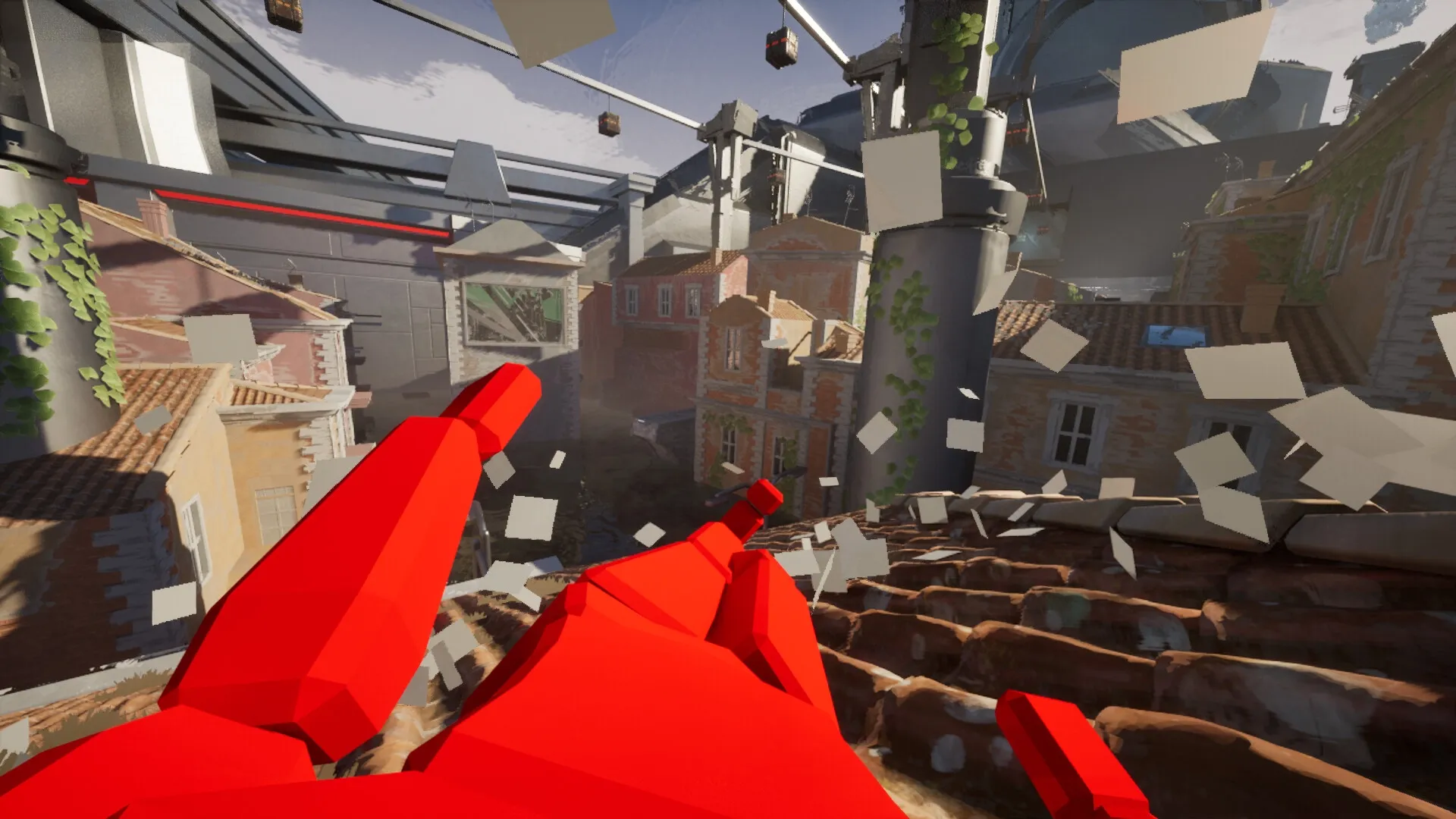 Boars in Rome: First-person parkour leap over rooftops in a dystopian city with falling debris.