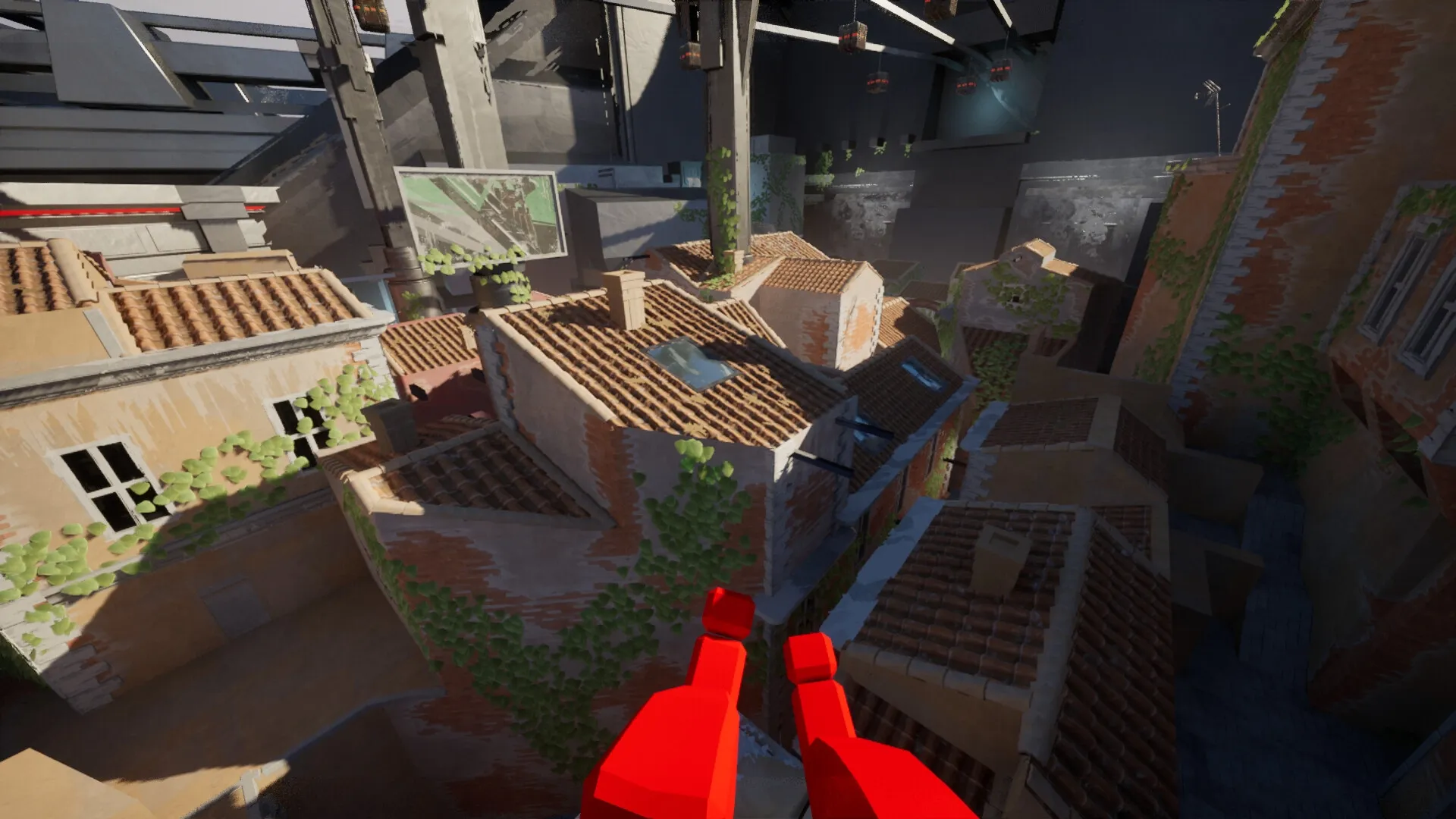 Boars in Rome: First-person parkour across rooftops in a post-apocalyptic cityscape with overgrown vines