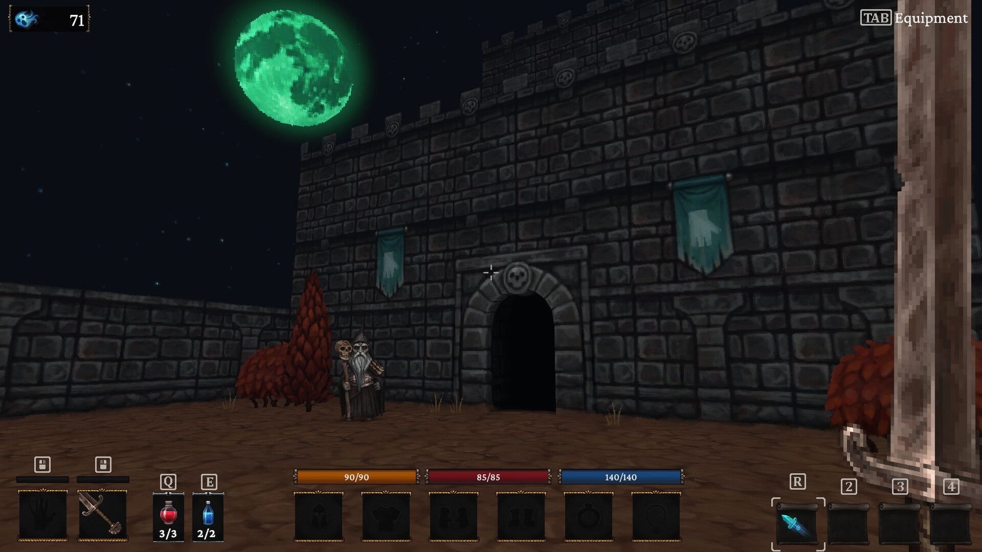 Bonehold: Player faces a stone fortress gate under green moon, with HUD bars and hotbar visible.