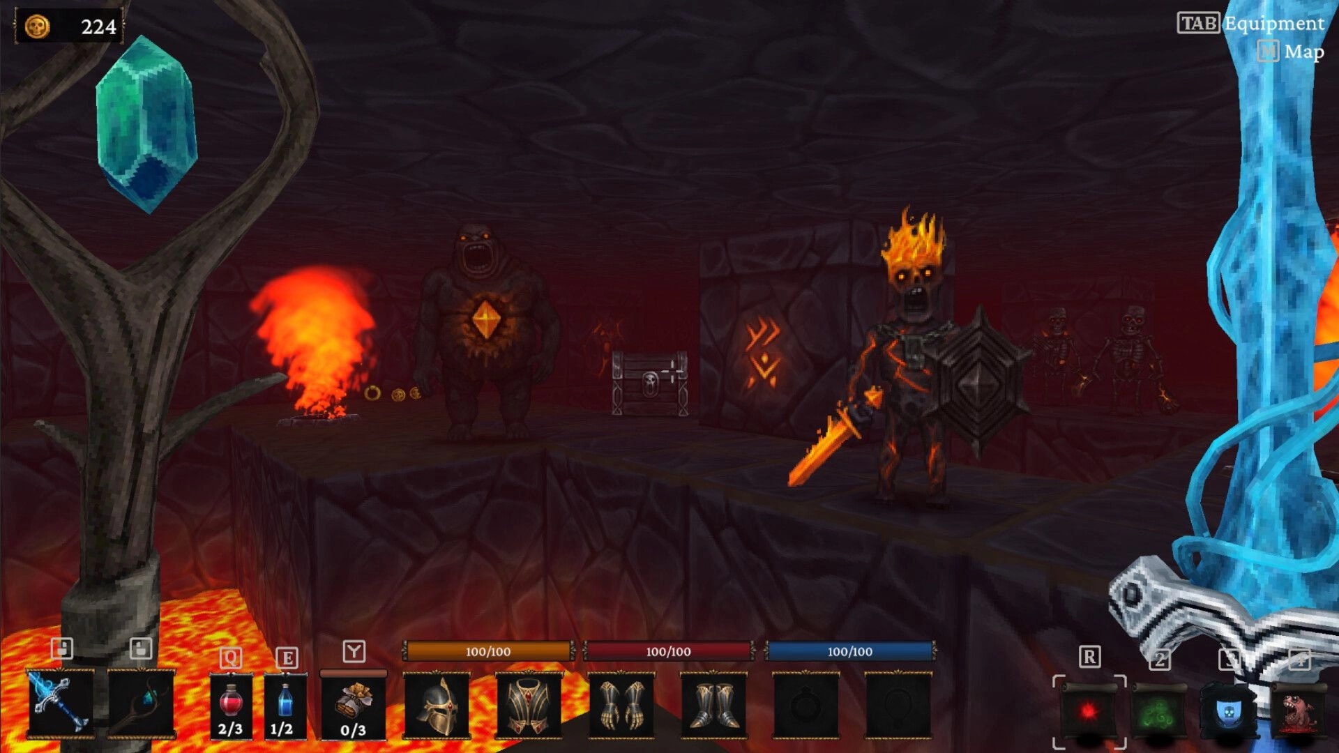 Bonehold: Flaming skeleton warrior with sword and shield in lava cave, hotbar and health bars visible.