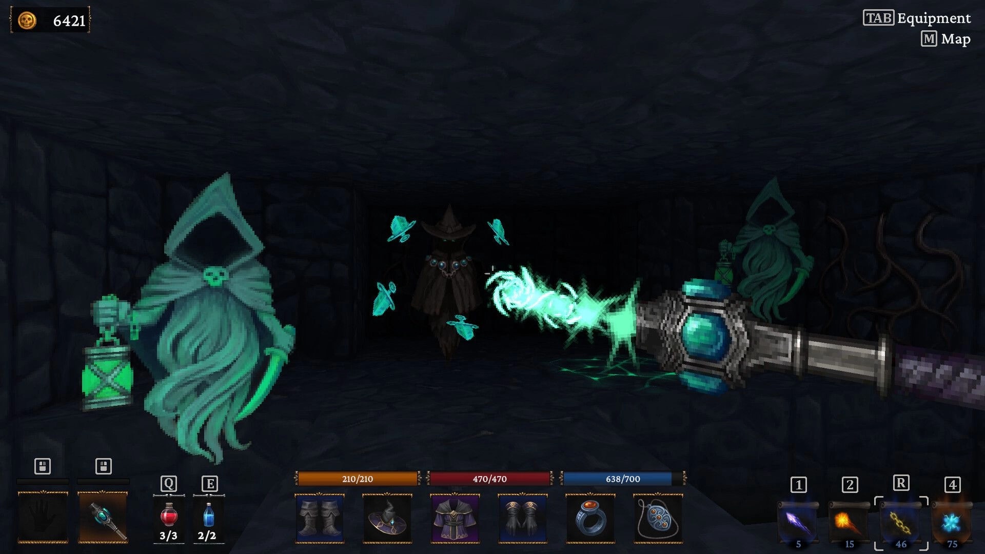 Bonehold: First-person spellcasting at ghostly hooded foes in a dark dungeon corridor with HUD bars.
