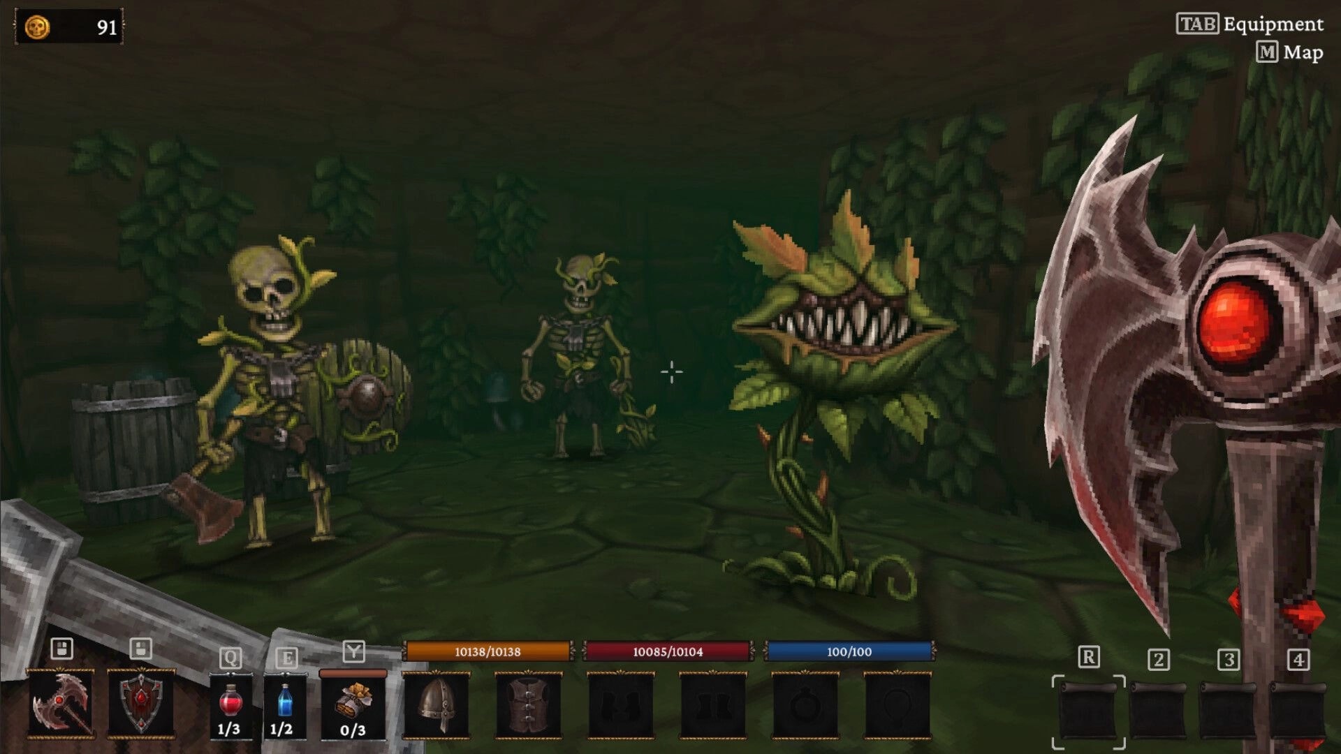 Bonehold: First-person fight with skeletons and a snapping plant monster in a mossy dungeon corridor.