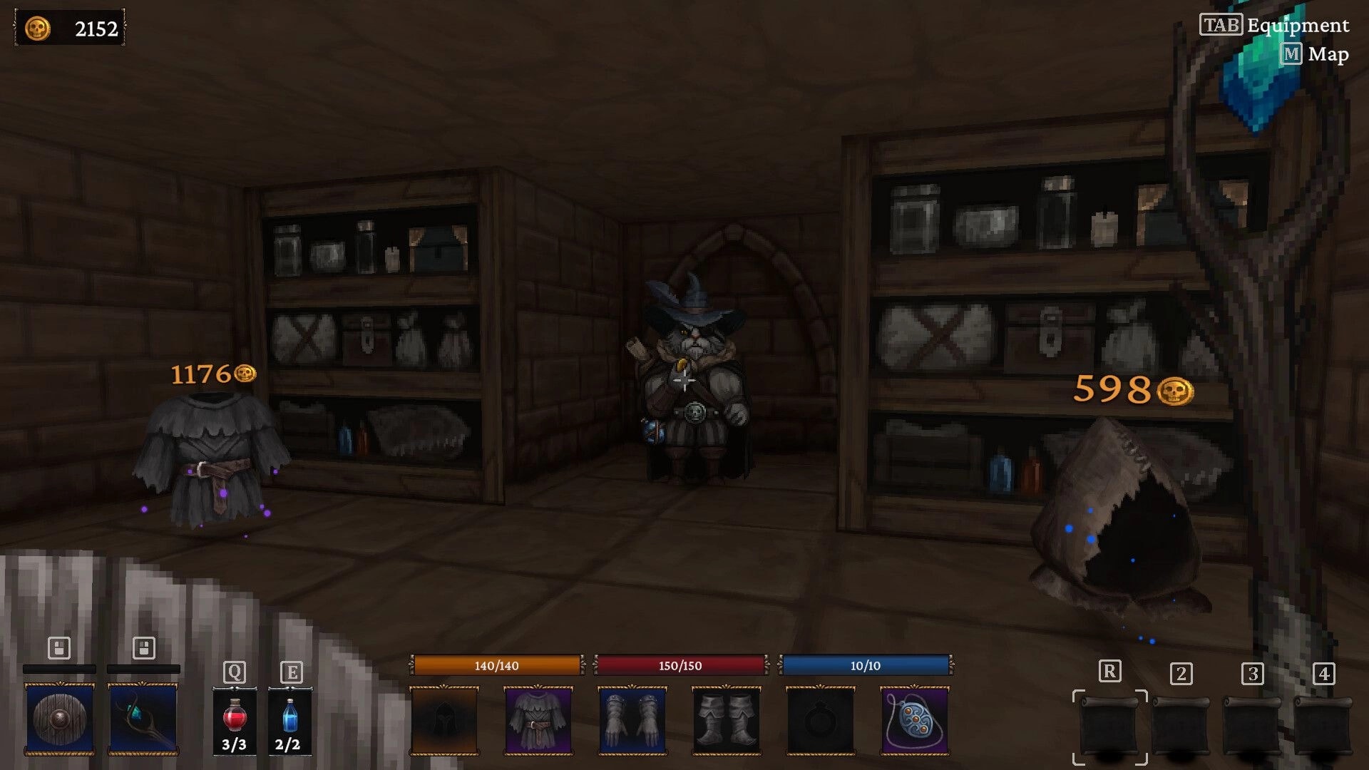 Bonehold: Shop interface with cloaks for sale and coin prices in a dim stone room with shelves.