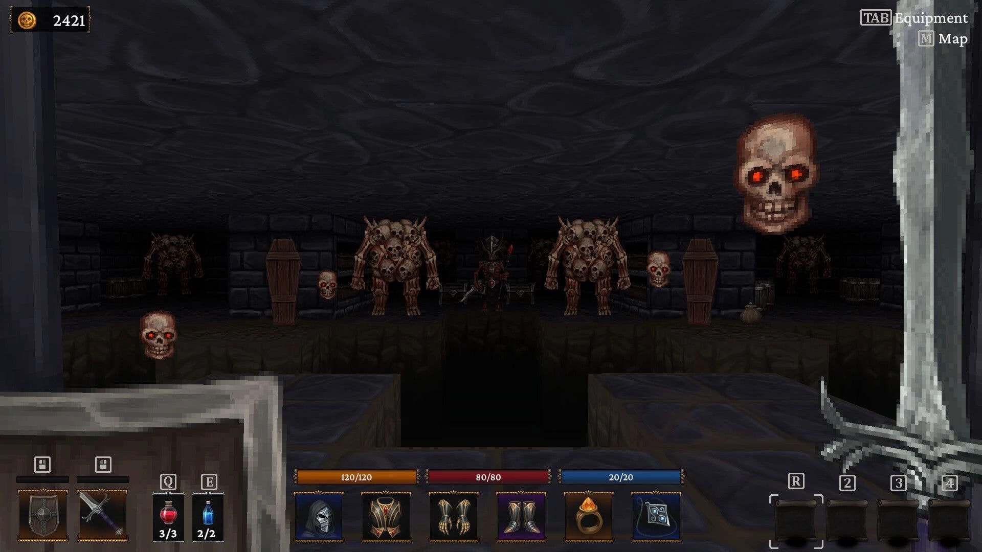 Bonehold: Armored hero faces skull golems and floating skulls in a dark stone dungeon corridor.