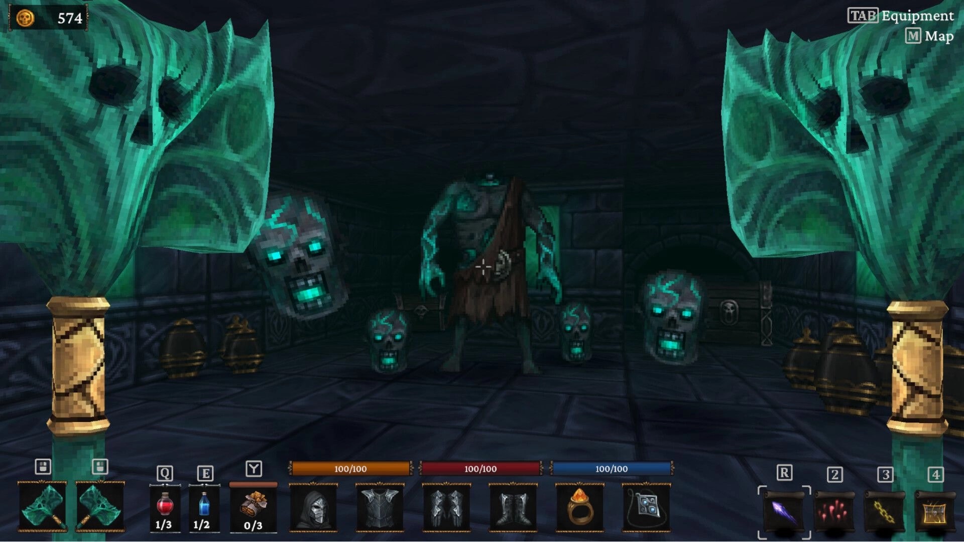Bonehold: First-person combat aiming at a hulking golem and floating skulls in stone dungeon chamber.