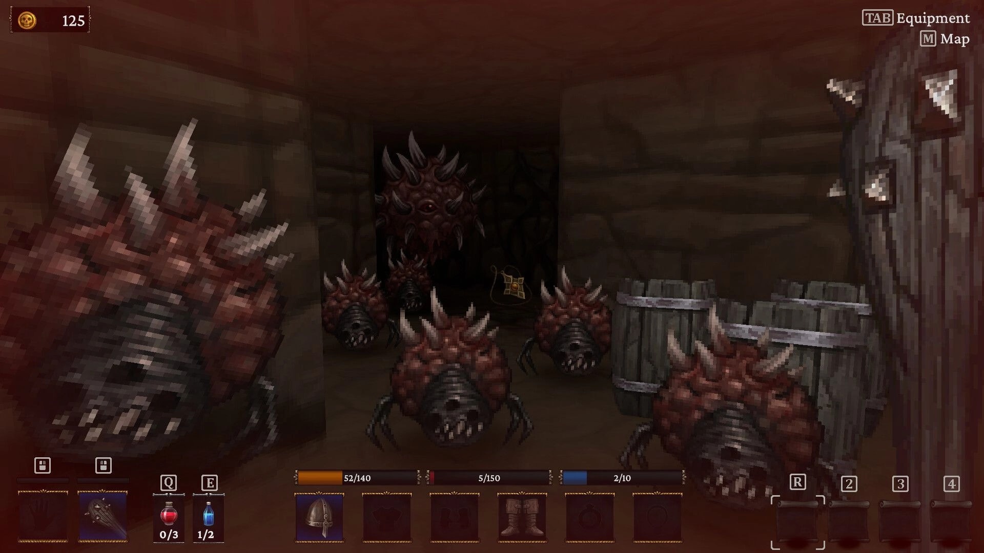 Bonehold: First-person standoff with spiked beetle monsters in a cramped dungeon room with HUD bars.