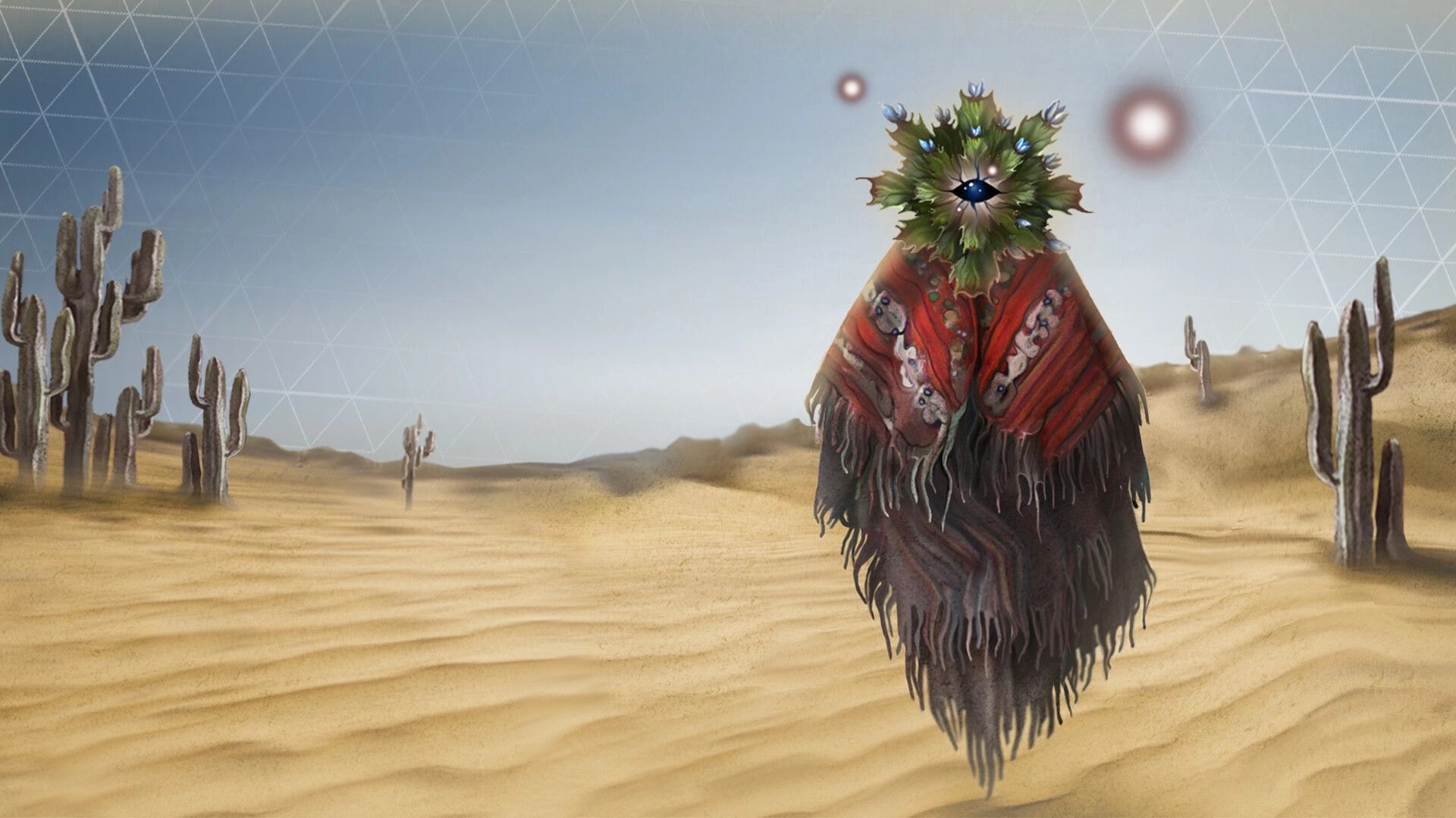 Bonereader: One-eyed leafy spirit in a red poncho hovering over dunes with cacti and grid sky.