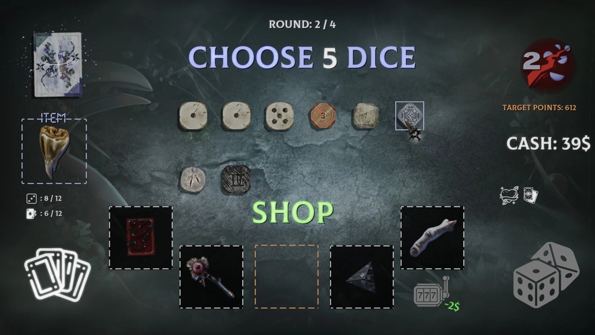 Bonereader: Shop screen to choose 5 dice with item slots, cash total, and target points UI.